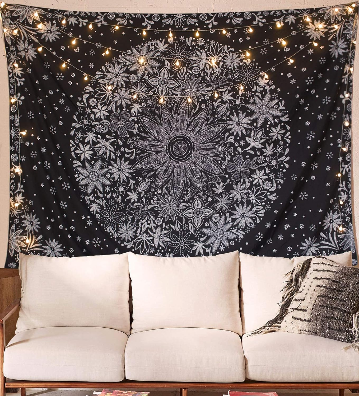 Neasow Bohemian Tapestry Wall Hanging, Black and White Floral Tapestry with Dotted Daisy Medallion Print Bedroom Boho Hippie Home Decor 36&times;48 Inch