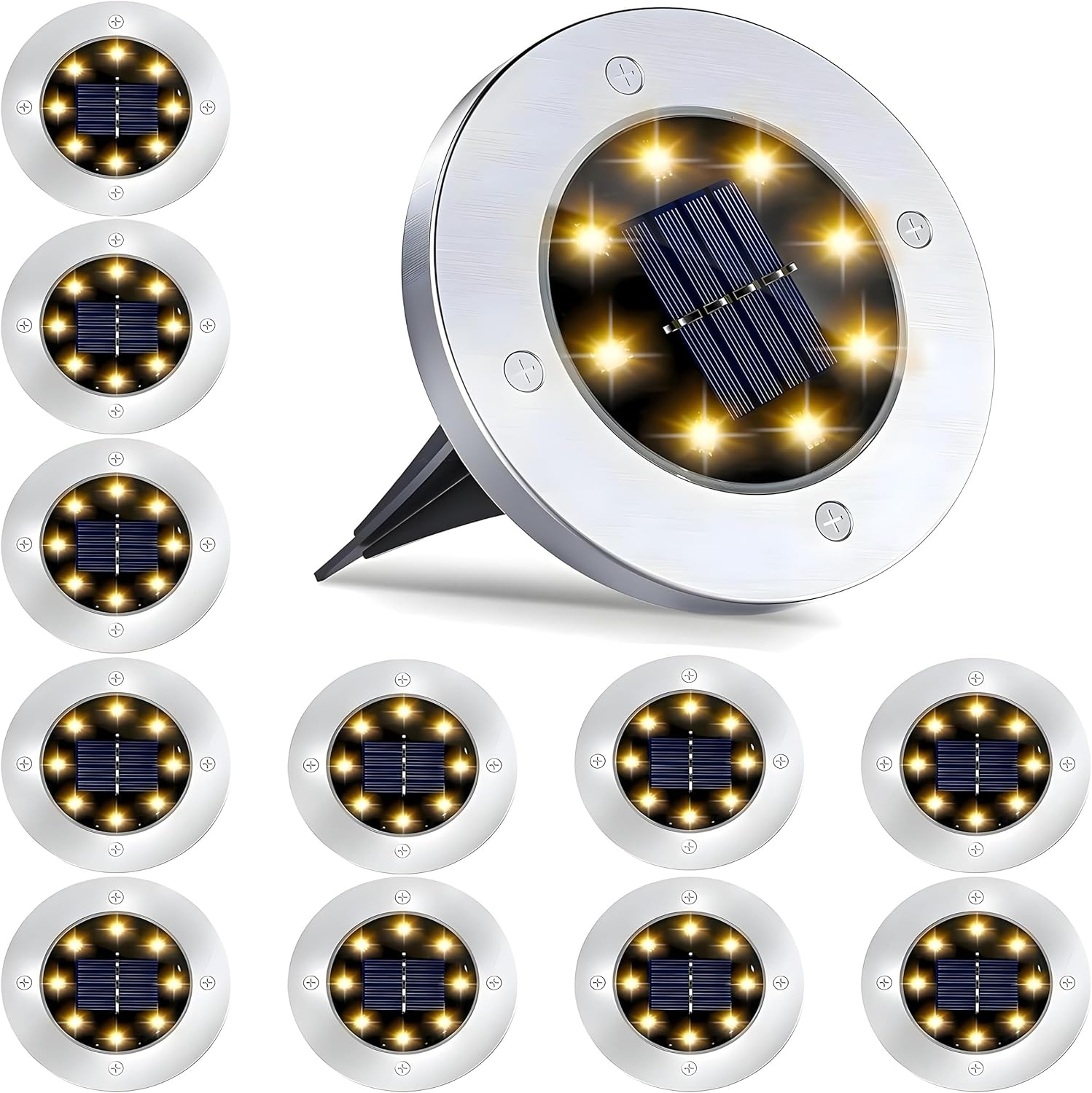 Solarx Pack of 12 Garden Lights Solar Powered, IP65 Waterproof Disk Lights, LED Solar Pathway Lights Outdoor, Solar Ground Lights for House, Walkways, Patio and Landscape Lighting (Warm White) image number 1