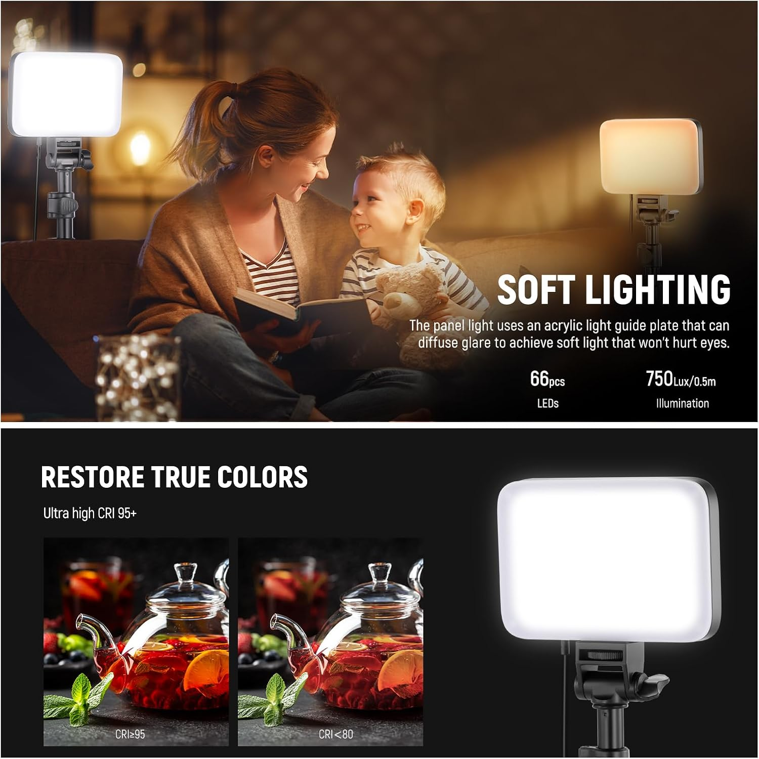 NEEWER Basics Studio Panel Key Lighting Kit, 2 Pack Bi Color LED Video Light with Tripod Stands & Filters, Dimmable Portable 3200K-5600K CRI95 750Lux for Photography Recording Streaming Podcast, BP66 image number 5