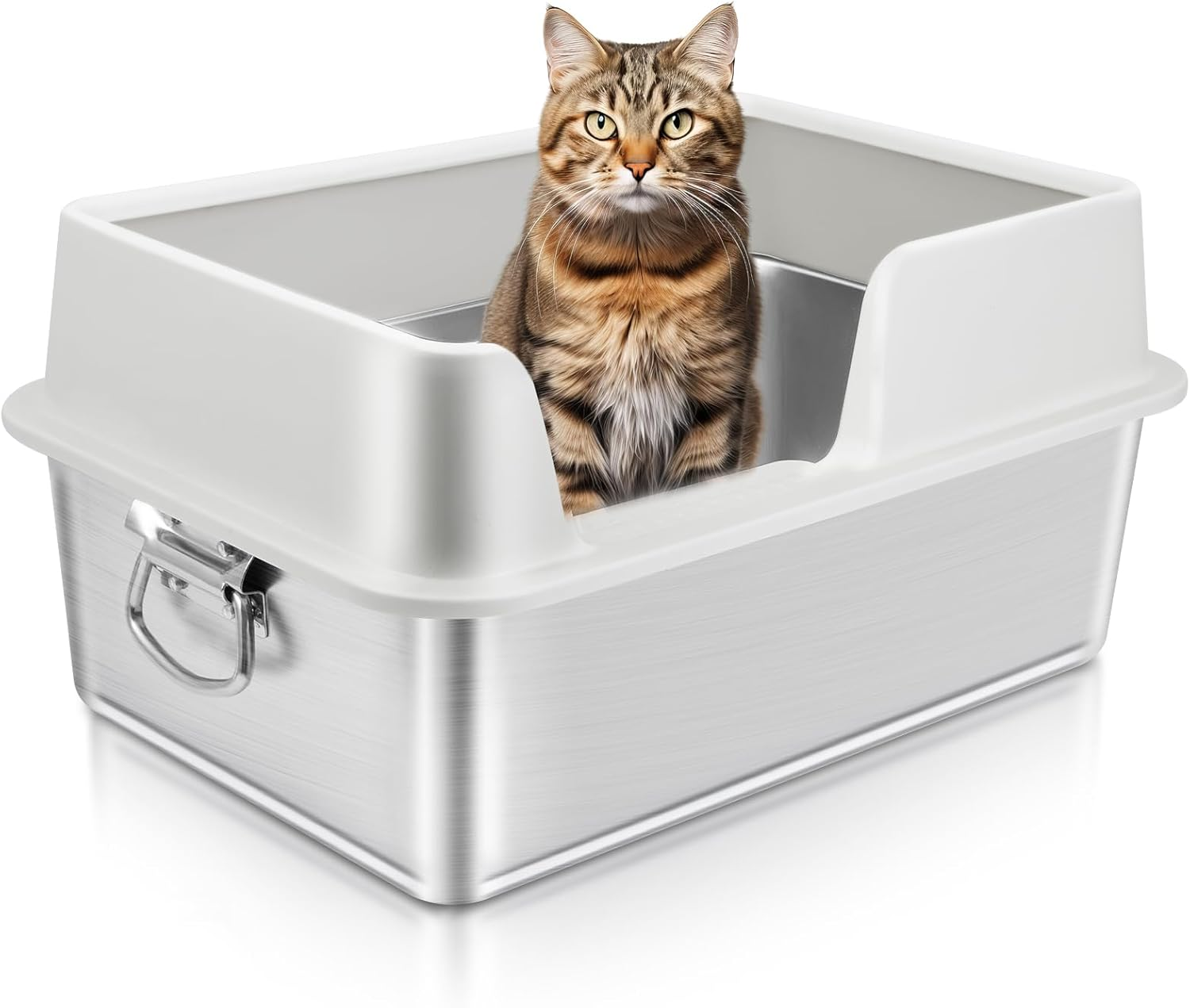 Stainless Steel Litter Box with High Sides,Metal Litter Box with Low Entry for Kittens & Senior Cats,Large Cat Litter Boxes,19.6" L X 13.7" W X 5.9" H,Non-Sticky,Easy to Clean (Middle Entry)