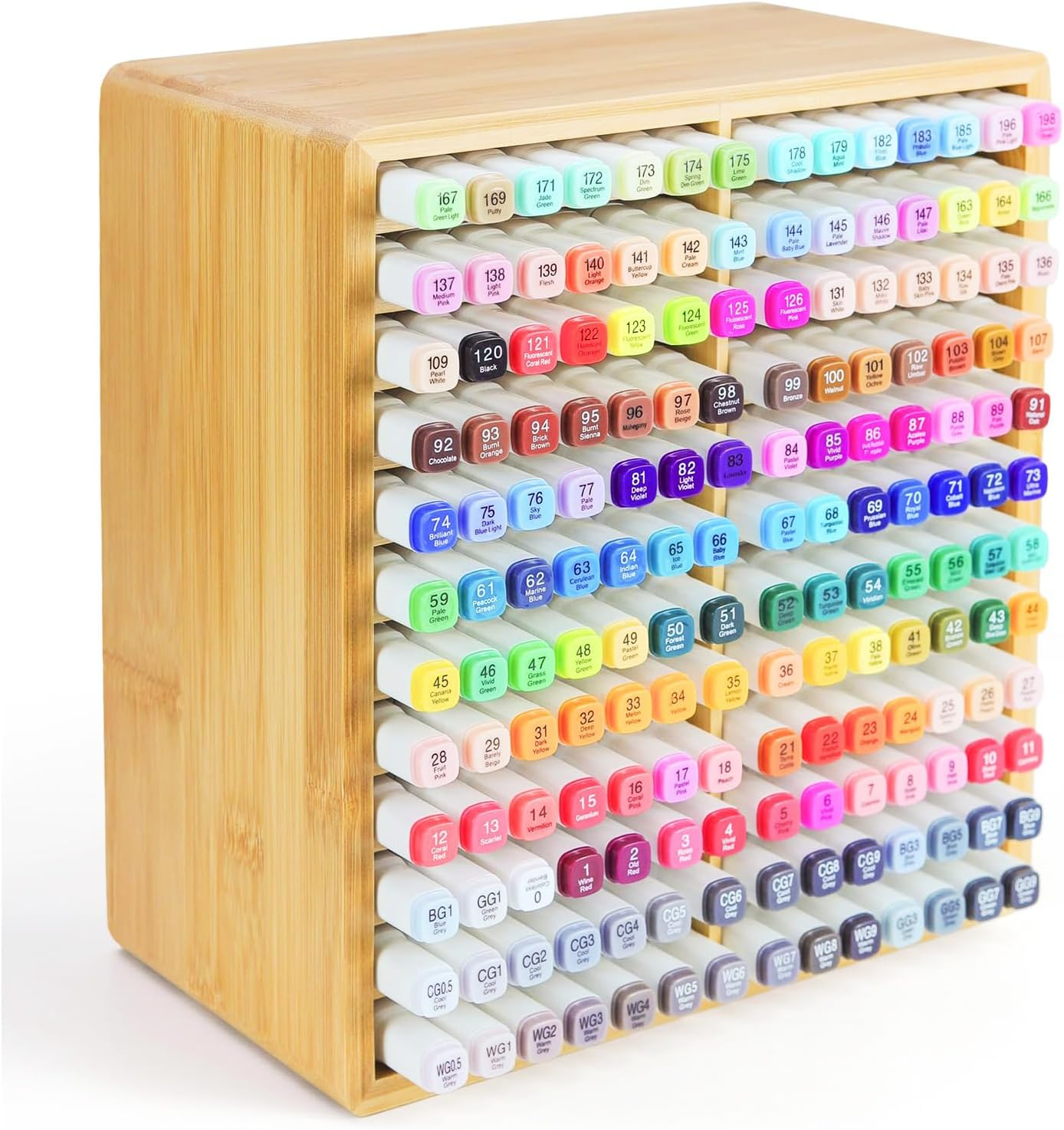 168 Markers Bamboo Marker Organizer, Desk Pencil Holder Markers - Art Marker Storage Rack with 24 Compartments, Vertical Marker Holder Shelf for Acrylic Paint Pens image number 3