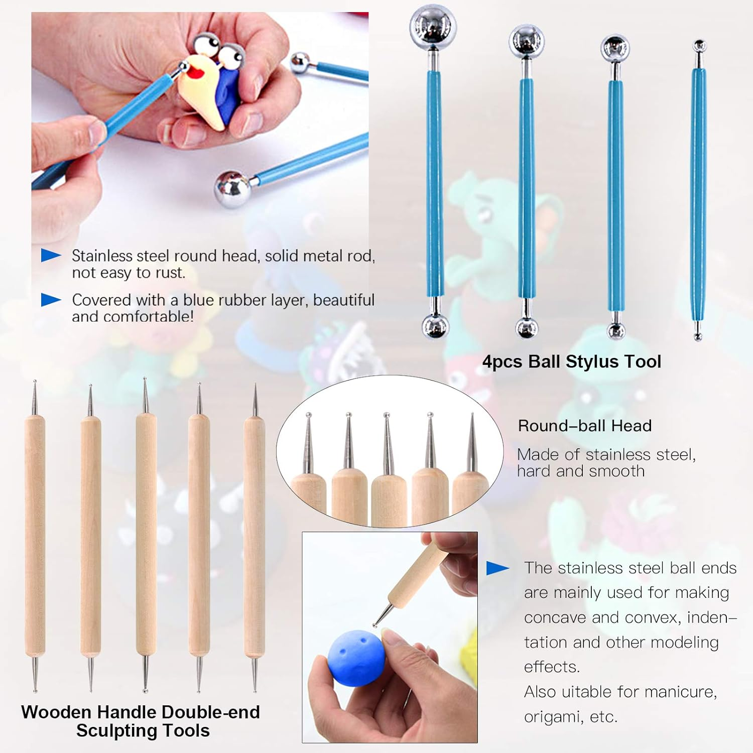 Glarks 30Pcs Carving Modeling Clay Sculpting Tools Set Including Plastic Crafts Clay Modeling Tools, Dual-End Dotting Clay Tools and Ball Stylus for Embossing Art, Coloring, Nail Art Painting image number 4