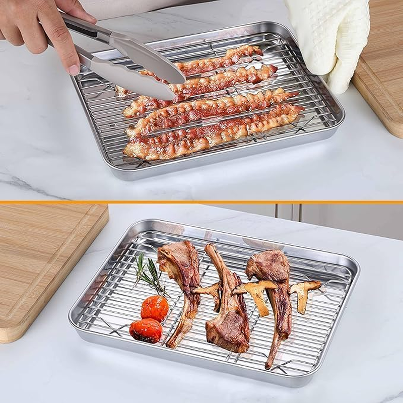9X6.9 X0.98 Inch Stainless Steel Baking Sheets and Racks Set,Oven Tray and Cooling Grid for Cookies and Meats(Pans + Racks) image number 4
