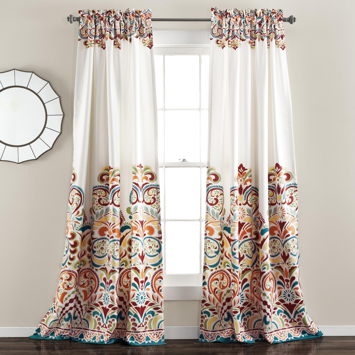 Lush Decor Clara Valance Paisley Damask Print Bohemian Style Single Curtain, Valance, Navy & Tangerine