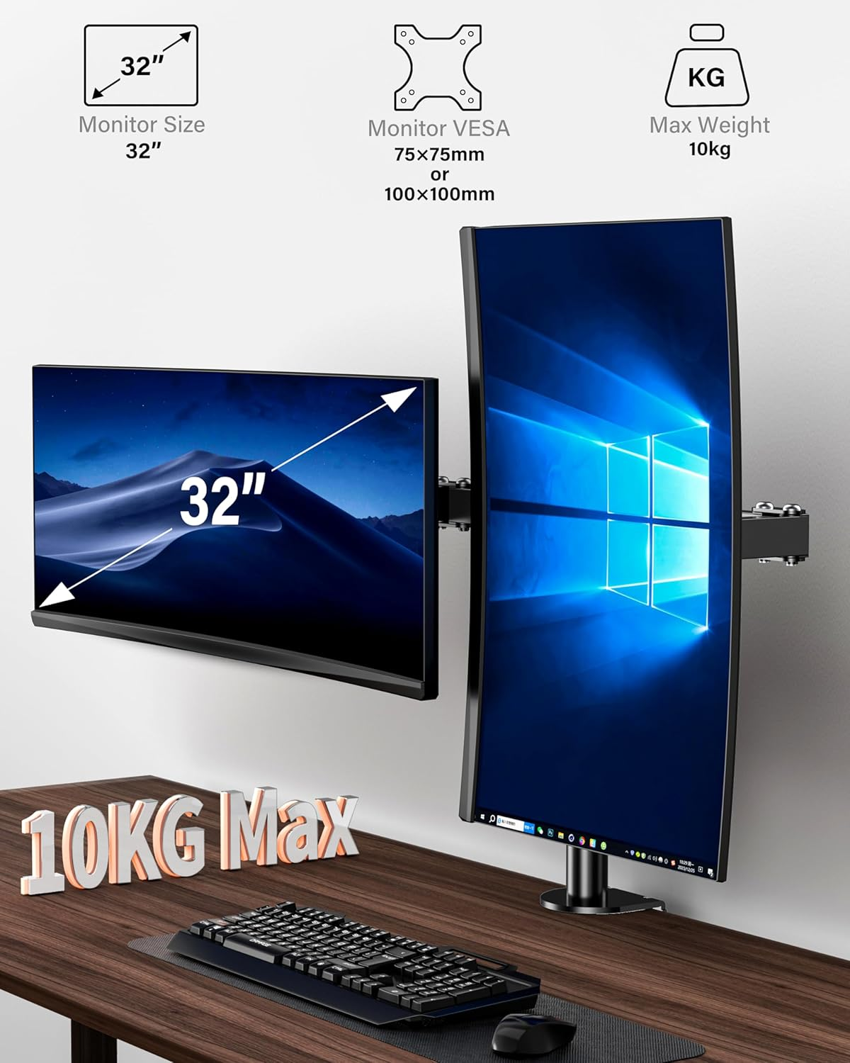 HEYMIX Dual Monitor Stand, VESA Monitor Arm, Double Monitor Mount Height Adjustable for 2 LCD 17-32" Gaming Screens, Dual VESA Arm Mount 75Mm/100Mm, C-Clamp & Grommet 2-Way Assembling image number 1