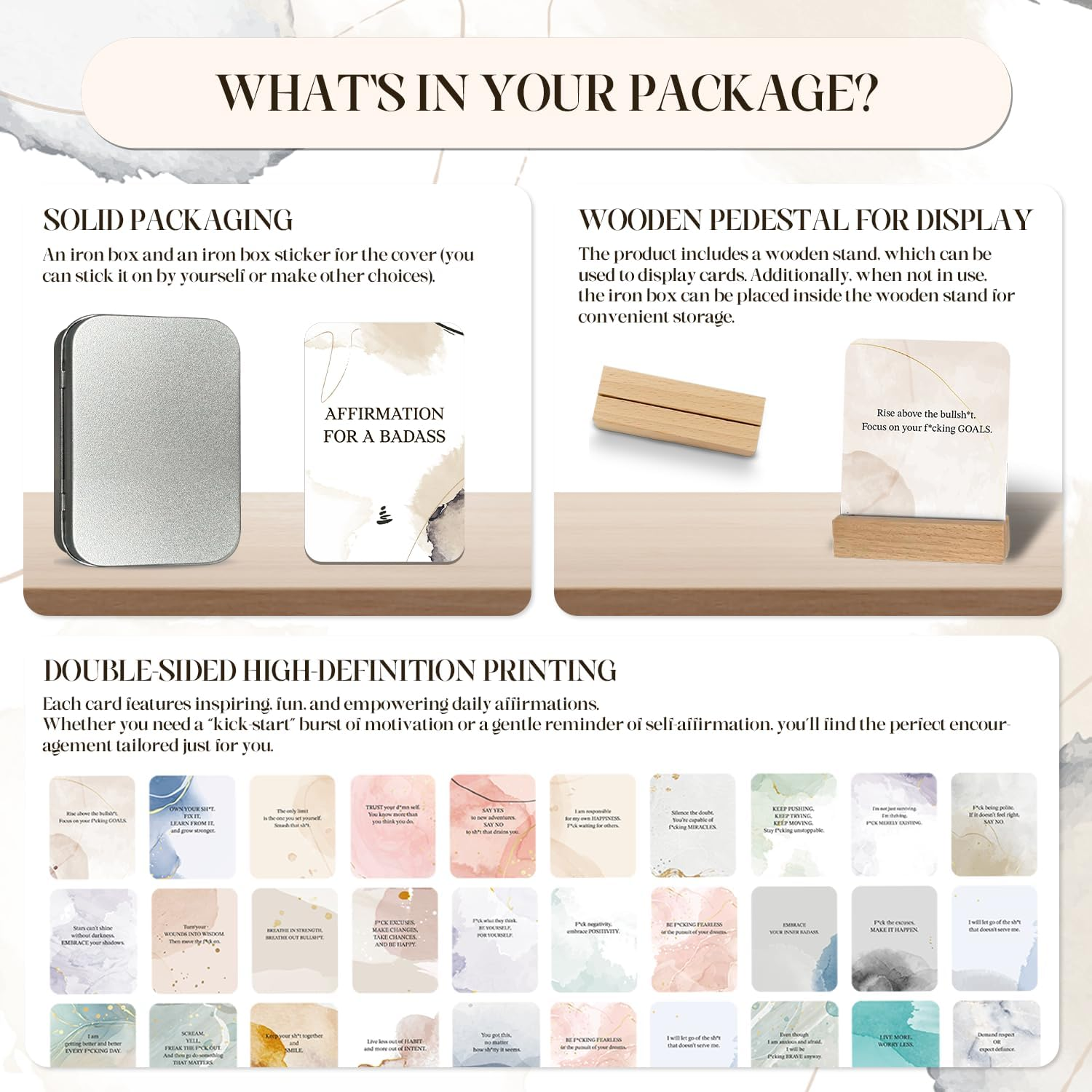 BIROYAL Badass Affirmation Cards for Women - 55 Inspirational & Motivational Cards - Daily Positive Affirmation Card for Women with Display Stand & Metal Box - 3.5&rsquo;&rsquo; X 2.8&rsquo;&rsquo;