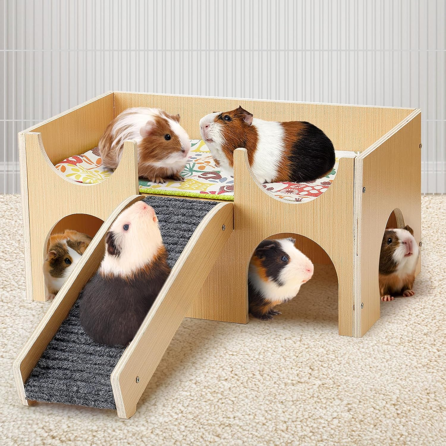 Upgraded Guinea Pig Castle, Sturdy Wooden Guinea Pig Hideout, Small Animal House Bed Hut Habitats with Stairs, Easy to Assemble for Hamsters Bunny Chinchillas Playing Hiding image number 2