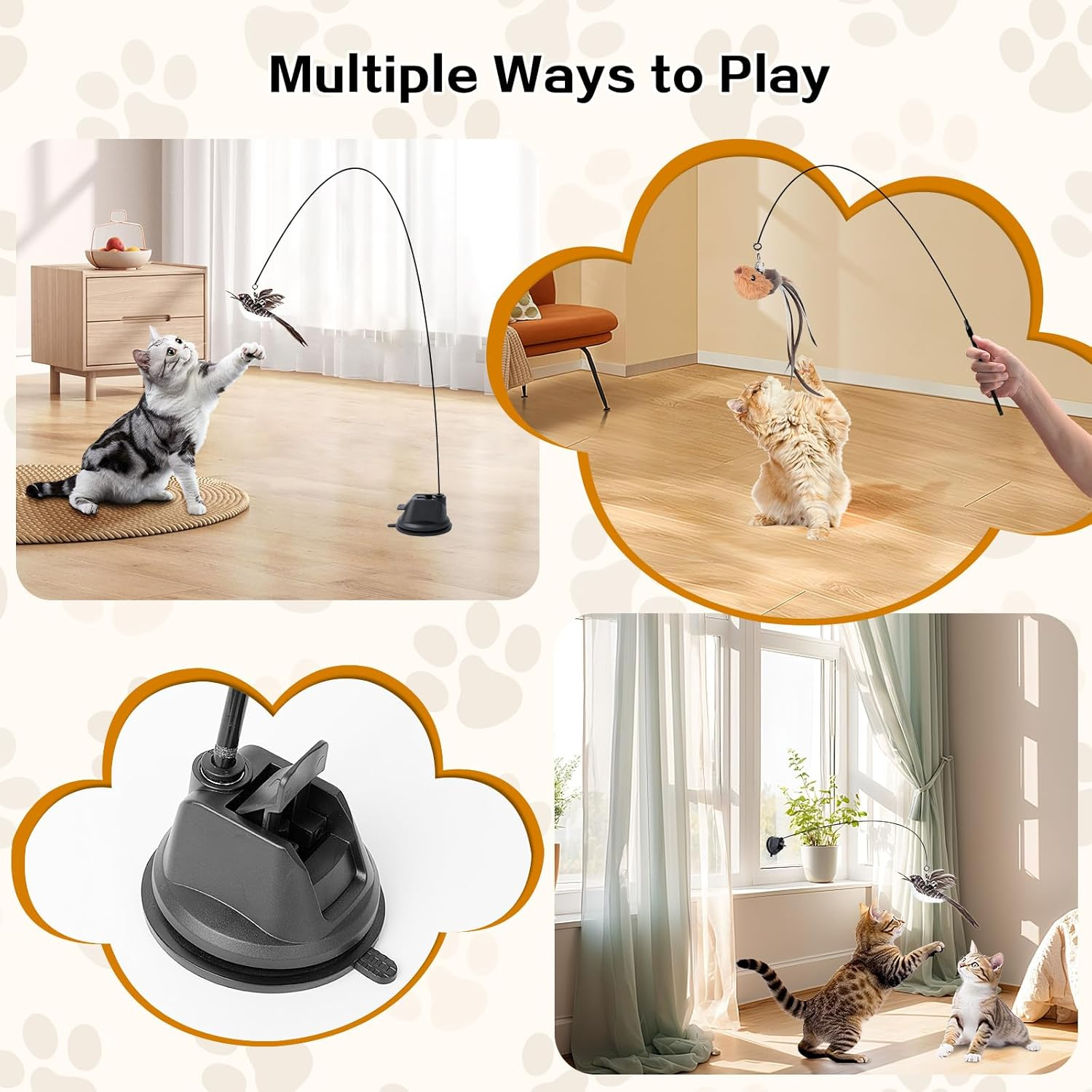 Aiqinu Cat Toy Interactive Cat Toy Suction Cup 1 Cat Fishing Rod with 2 Bells Birds, Intelligence Toy for Cats Wand image number 5