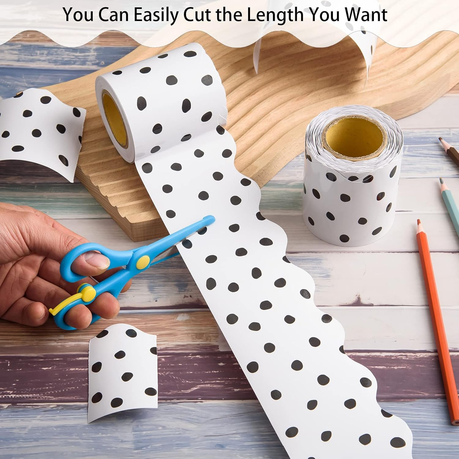 99 Feet Black Painted Dots Bulletin Board Borders 3 Rolls Scalloped Border Trims Polk Dots Decorative Classroom Bulletin Board Trim Back to School Decoration for Home Classroom School Office Decor image number 3