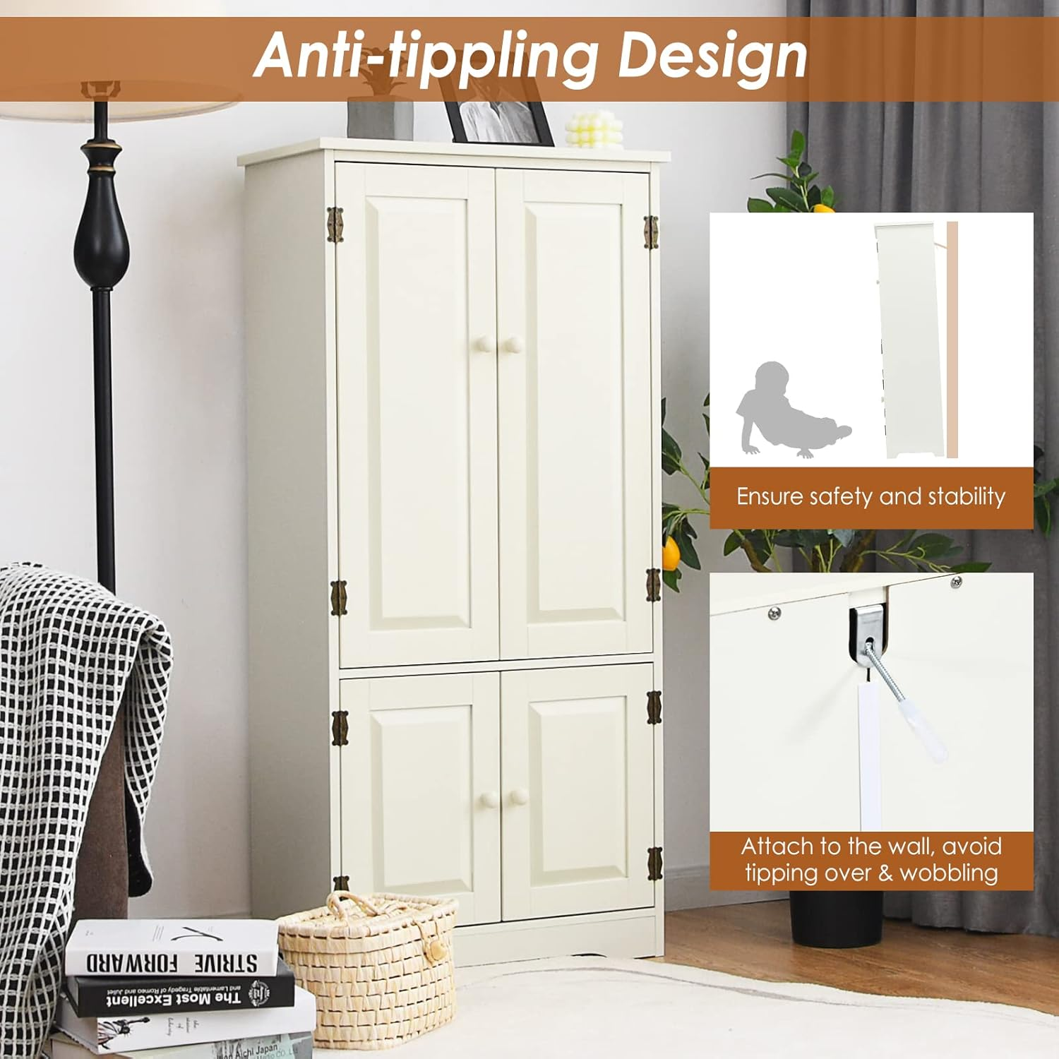 Giantex Freestanding Floor Cabinet, Pantry Cabinet Wooden Cupboard Organizer, Adjustable Shelf & Anti-Tilt Design, Sideboard Buffet Cabinet for Bedroom Bathroom Living Room, Ivory image number 5