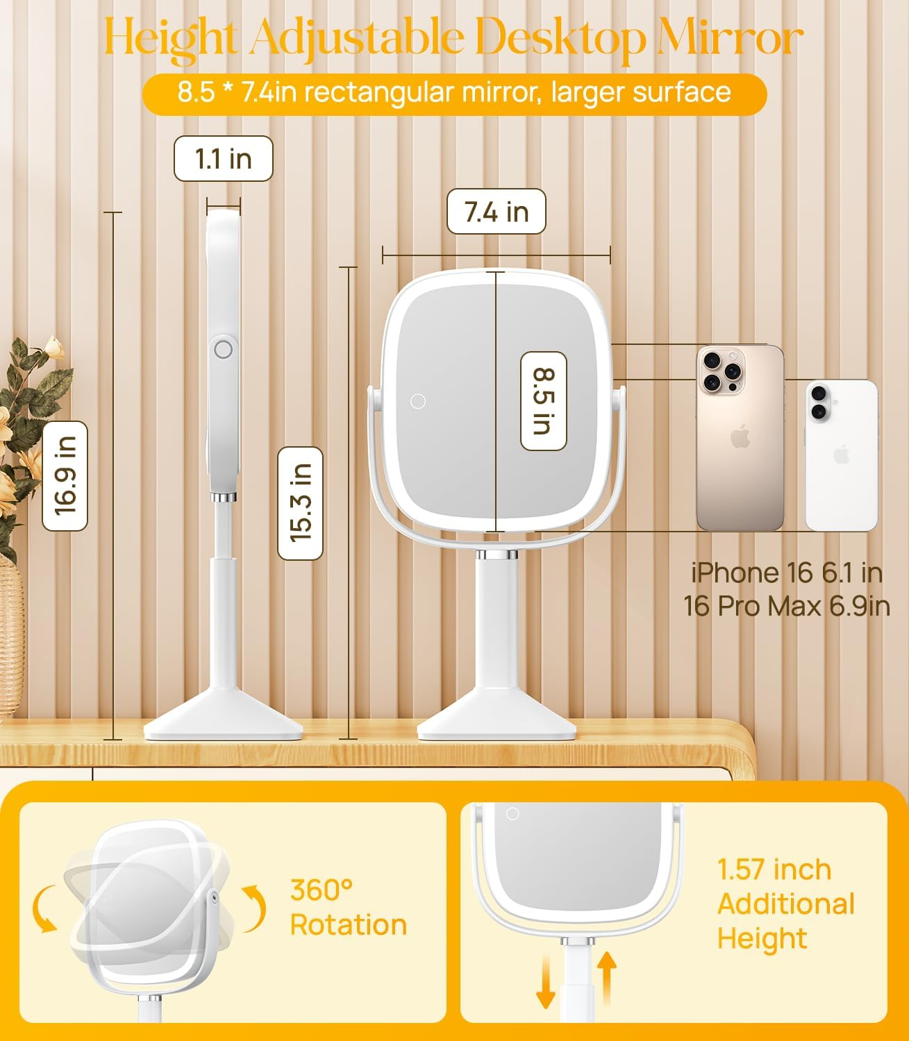 Gospire Rectangle Lighted Makeup Mirror with Magnification, 10X Magnifying Mirror with Lights 3 Color, Height Adjustable and 4000Mah Battery for Bedroom Bathroom, Large Surface for Women or Men- White - White image number 2