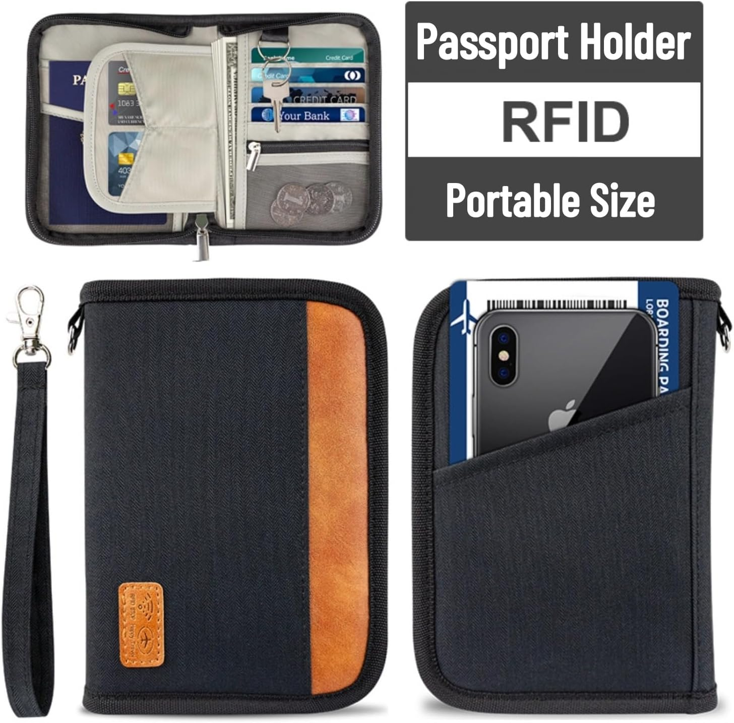 Passport Holder for Famliy Travel Wallet Passport Wallet Document RFID Blocking Organizer with Zipper Clutch Bag Flight Ticket Credit Cards Men Women, Black, Rfid Blocking Travel Passport Wallet image number 1