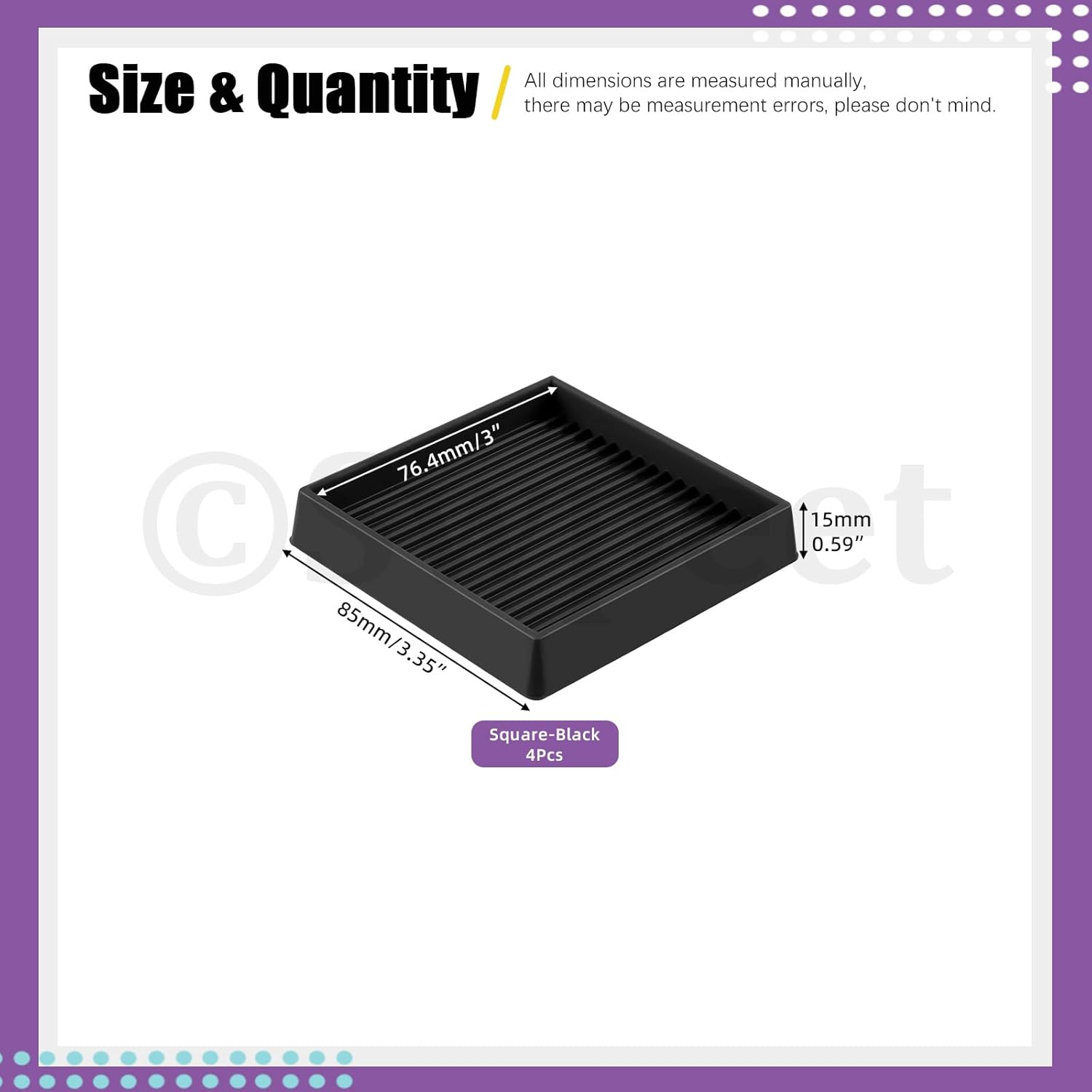 Swpeet 4Pcs 3" X 3" Square Black Rubber anti Skid Caster Cups Non Slip Furniture Pads Kit, Anti-Slip Gripper, anti Skid Furniture Feet anti Slide Floor Stoppers for Bed Couch Table Chair Stoppers image number 2