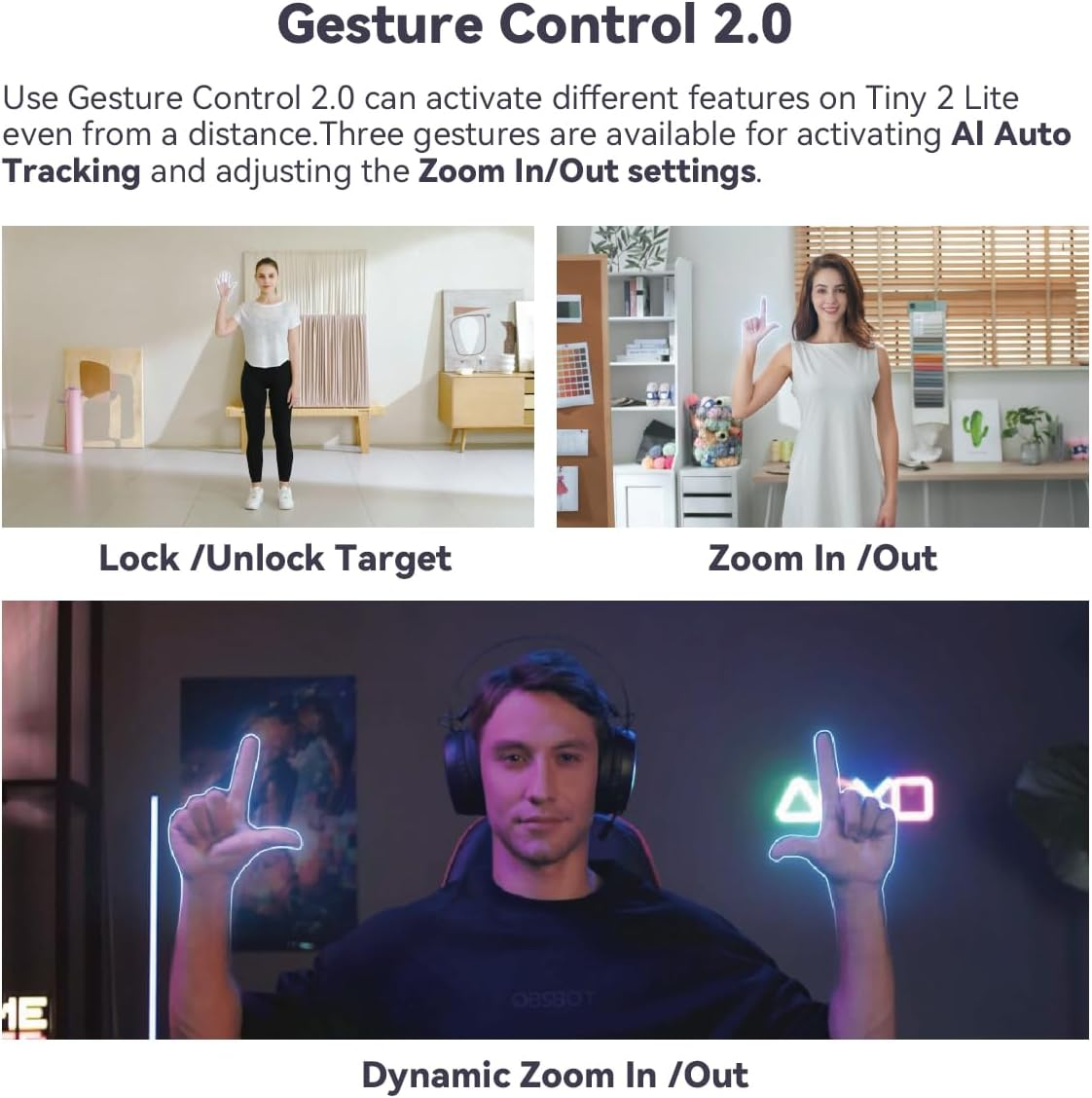 OBSBOT Tiny 2 Lite Ai-Powered 4K PTZ Webcam Stunning UHD 4K Resolution 1/2&rdquo; CMOS Sensor 4X Digital Zoom AI Auto Tracking with Auto Zoom Gesture Control 2.0