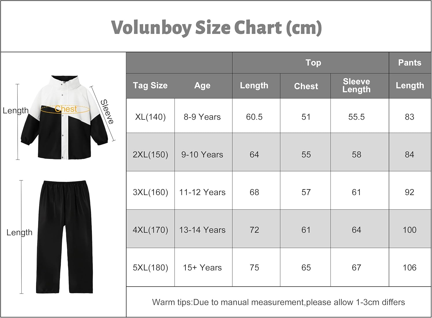 Volunboy Kids Waterproof Suit, Hooded Raincoat Jacket and Trousers Set Puddle Suit with Zip for Boys Girls 8-14 Years