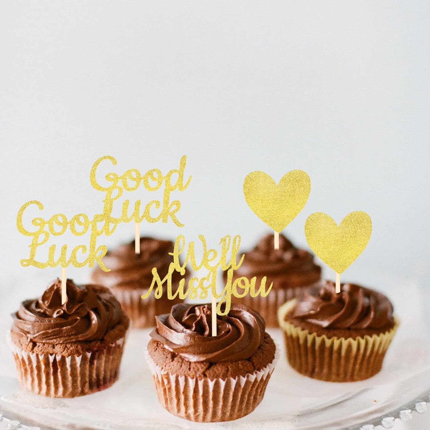 24 Pack We Will Miss You Cupcake Toppers Glitter Red Love Heart Good Luck Cupcake Picks Retirement Theme Going Away Party Cake Decorations (Gold) image number 2