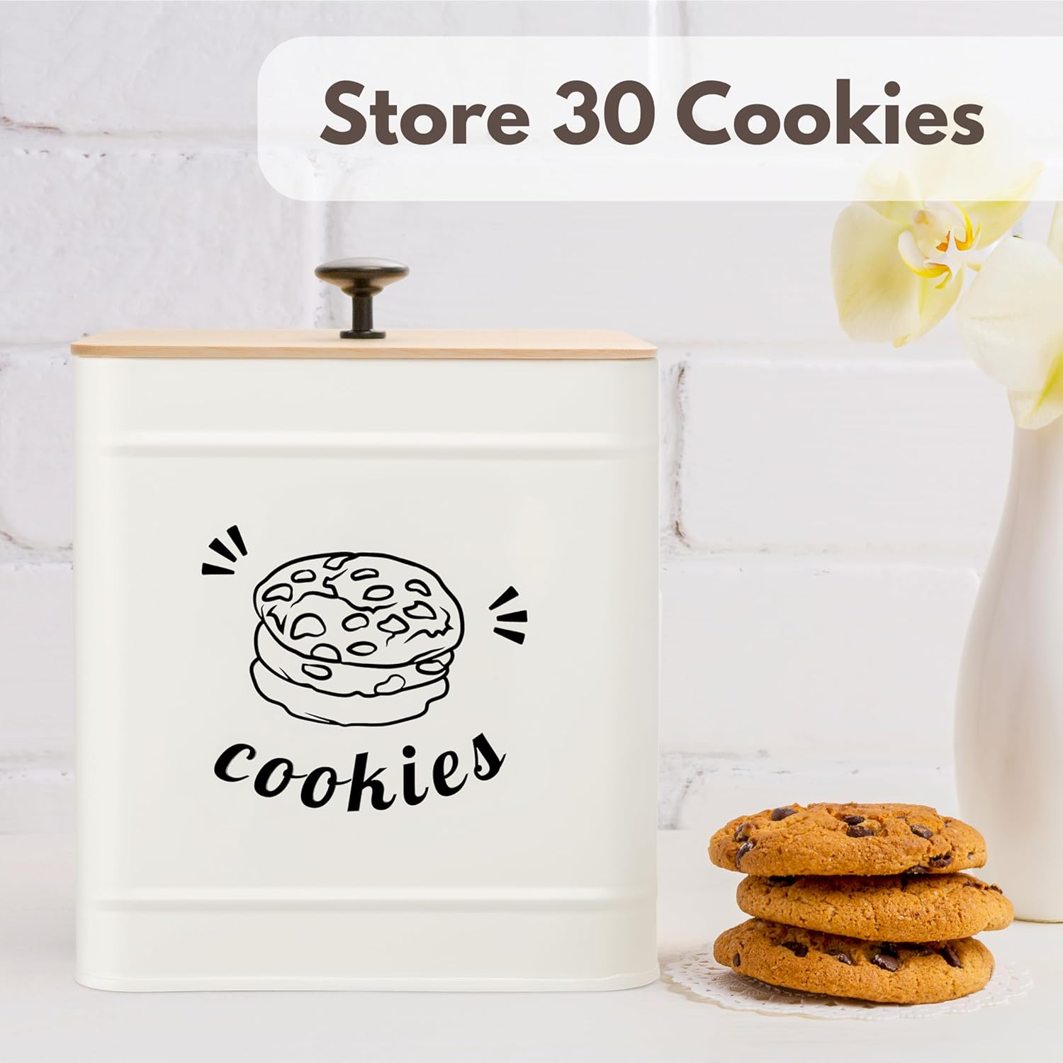 PERFNIQUE 3.5L Cookie Jar with Lid Airtight, Cookie Tin with Bamboo Lid, Cute Cookie Jars for Kitchen Counter Decorative, Food Storage Container for Candy, Cookies, Dessert, Farmhouse Home Decor - White image number 5