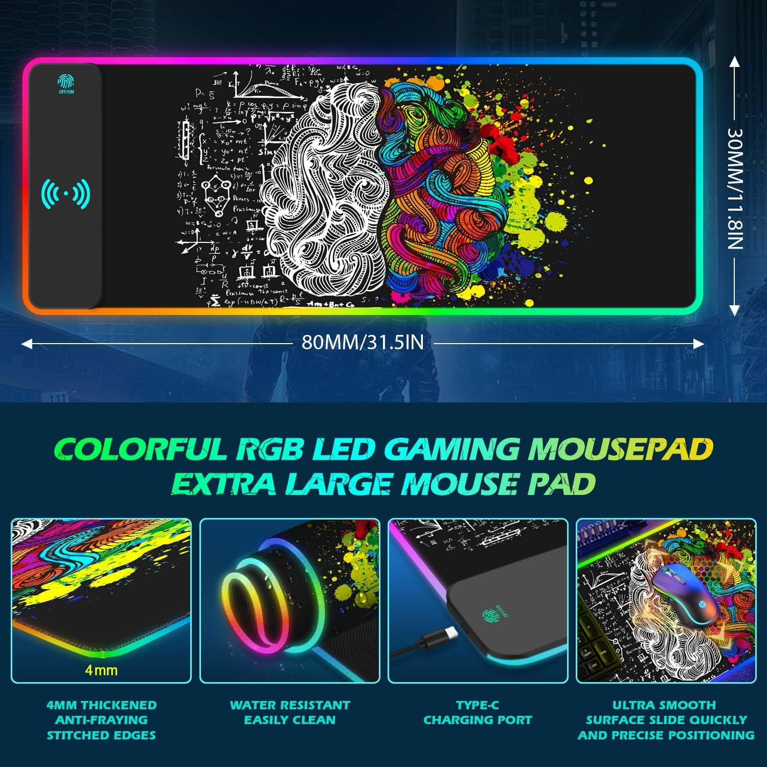 Tolulu RGB Gaming Wireless Charging Mouse Pad, 7.5/10/15W 10 Light Modes LED Mouse Pad Computer Keyboard Mat Mousepad, 800X300X4Mm Extended Large Desk Mat for Gaming, Macbook, Laptop, PC, Human Brain - Game Console Buttons Black image number 6