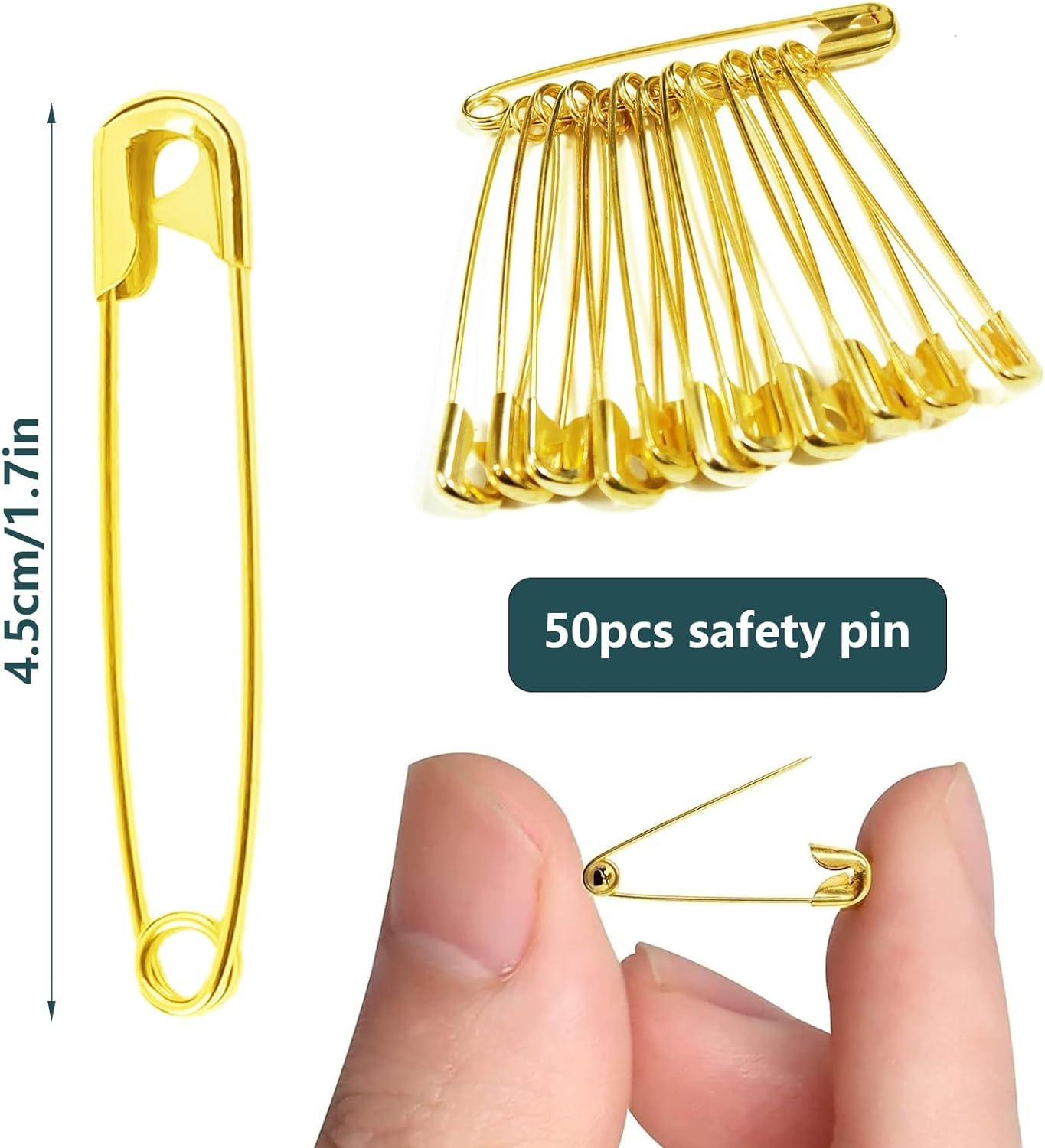 Safety Pins, 50Pcs Large Size Safety Pins Pack, 45Mm/1.7Inch Strong and Heavy Duty Nickel Plated Safety Pin for Clothes, Leather, Canvas, Blankets (Gold) image number 3
