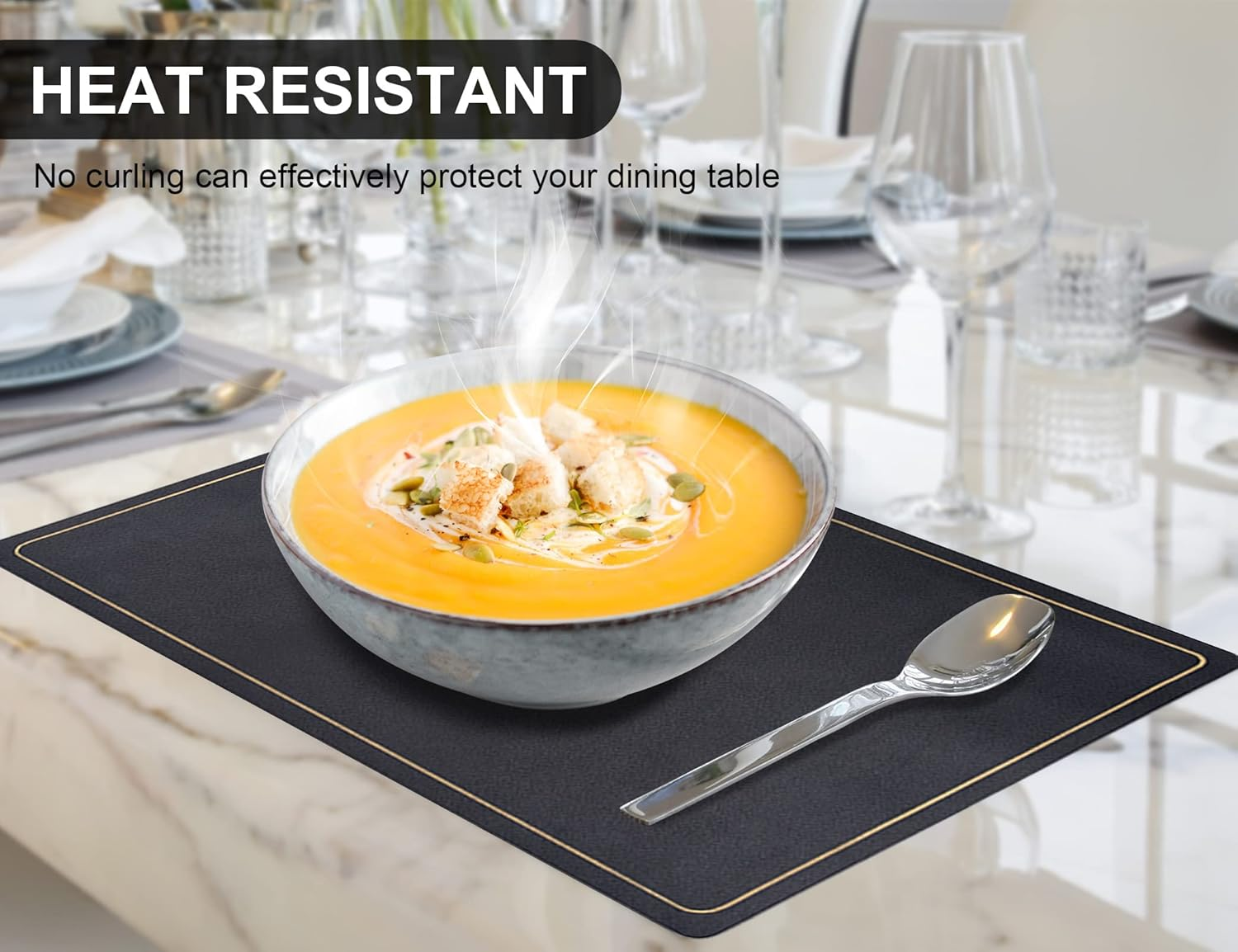 Excovip Leather Placemats for Dining Table, Set of 6，Waterproof Wipeable PU Leather Place Mats Stain-Proof Non-Slip Table Mats for Easter Thanksgiving Christmas New Year Party Home Decor(Black) image number 3