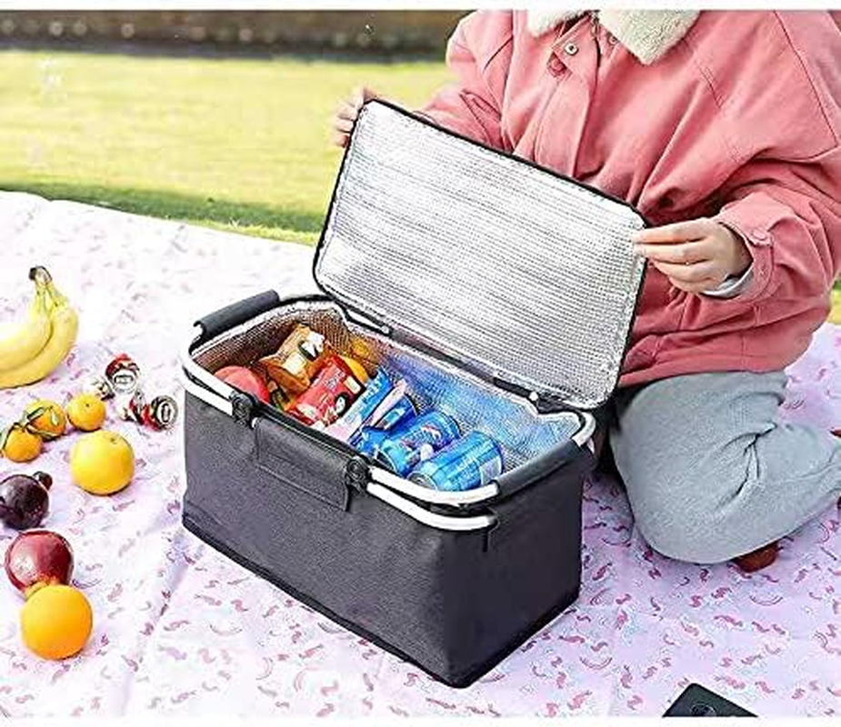 Picnic Basket Cooler Grocery Bag Laundry Basket Collapsible Portable Foldable Insulated Strong Aluminum Frame Handle for Travel, Shopping, Camping Colour Sent at Random image number 3
