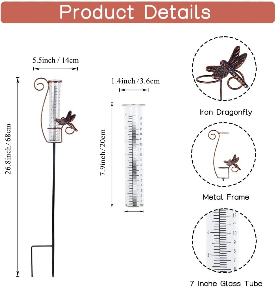 HOBYLUBY Dragonfly Rain Gauge Outdoor, 7 Inch Metal Rain Gauges for Measuring Precipitation, Patio, Garden Yard Decor image number 5