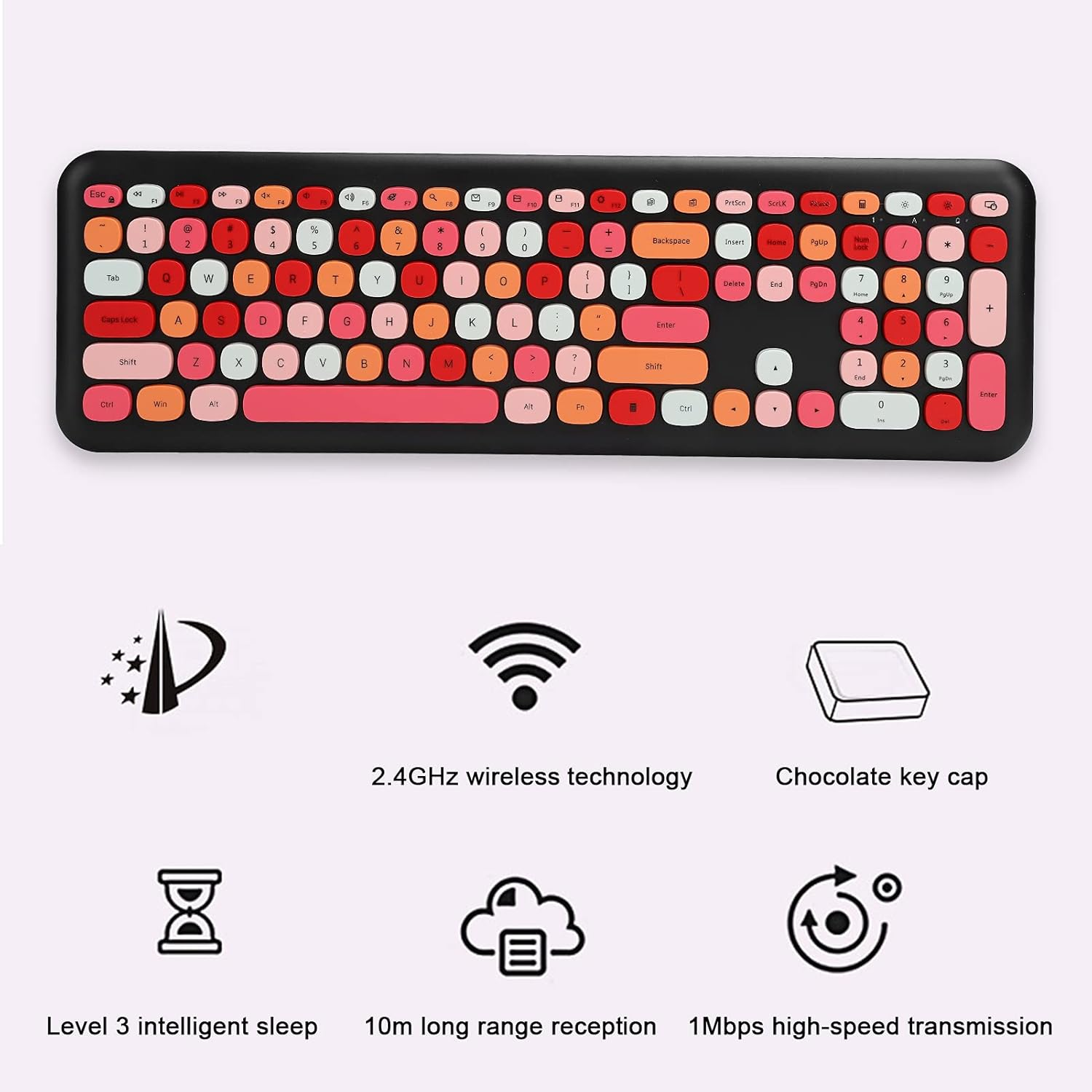Wireless Keyboard and Mouse Combo, 2.4G Slim Full Size Colorful Keyboard Mouse Set, 110 Keys Cute round Retro Typewriter Keyboard for Computer, PC, Notebook, Laptop(Black) image number 1