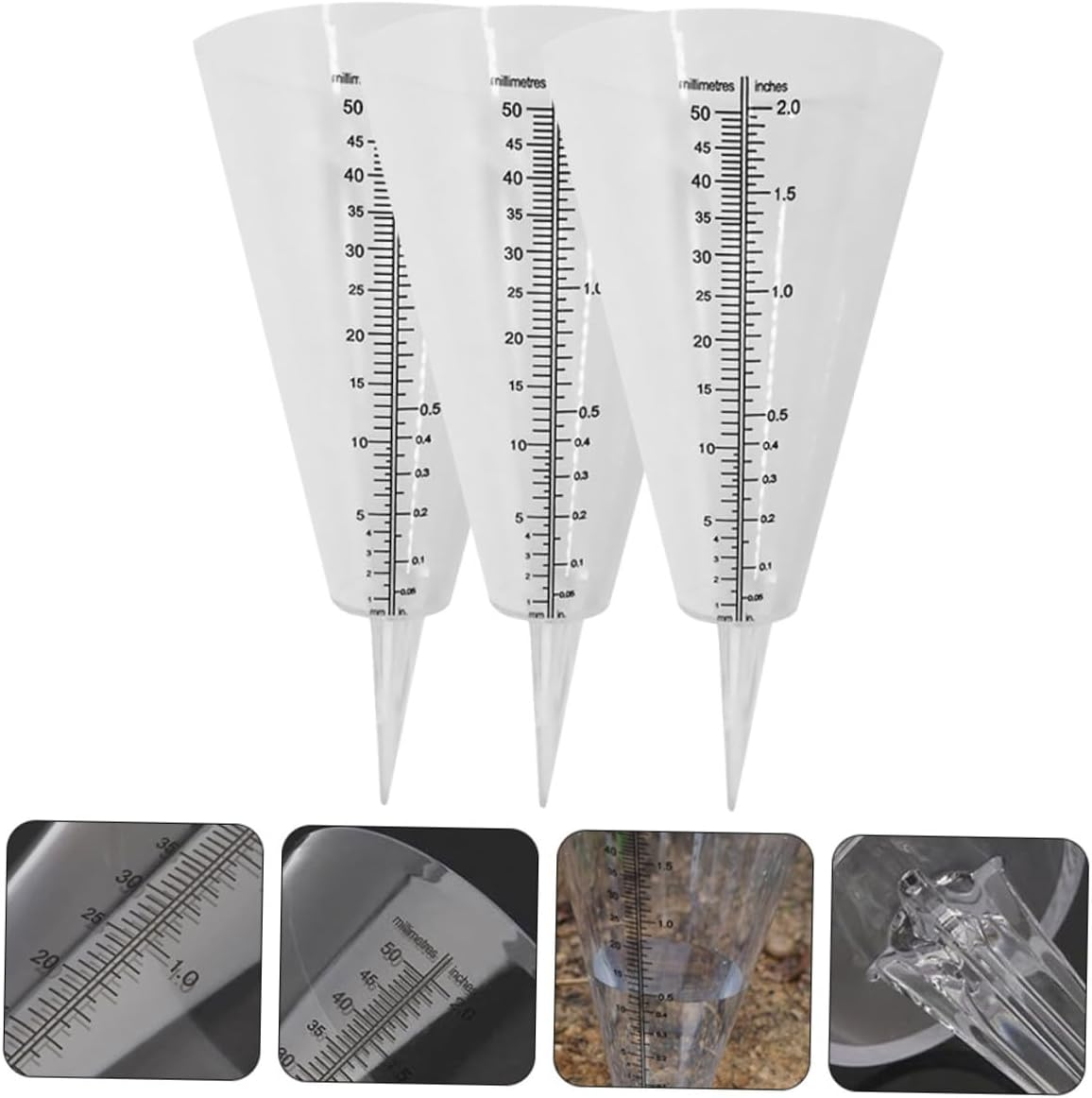 Garneck 3Pcs Transparent Cone-Shaped Rainfall Gauge with Clear Graduated Scale Plastic Outdoor Rain Gauge for Garden Lawn Farming Measurement