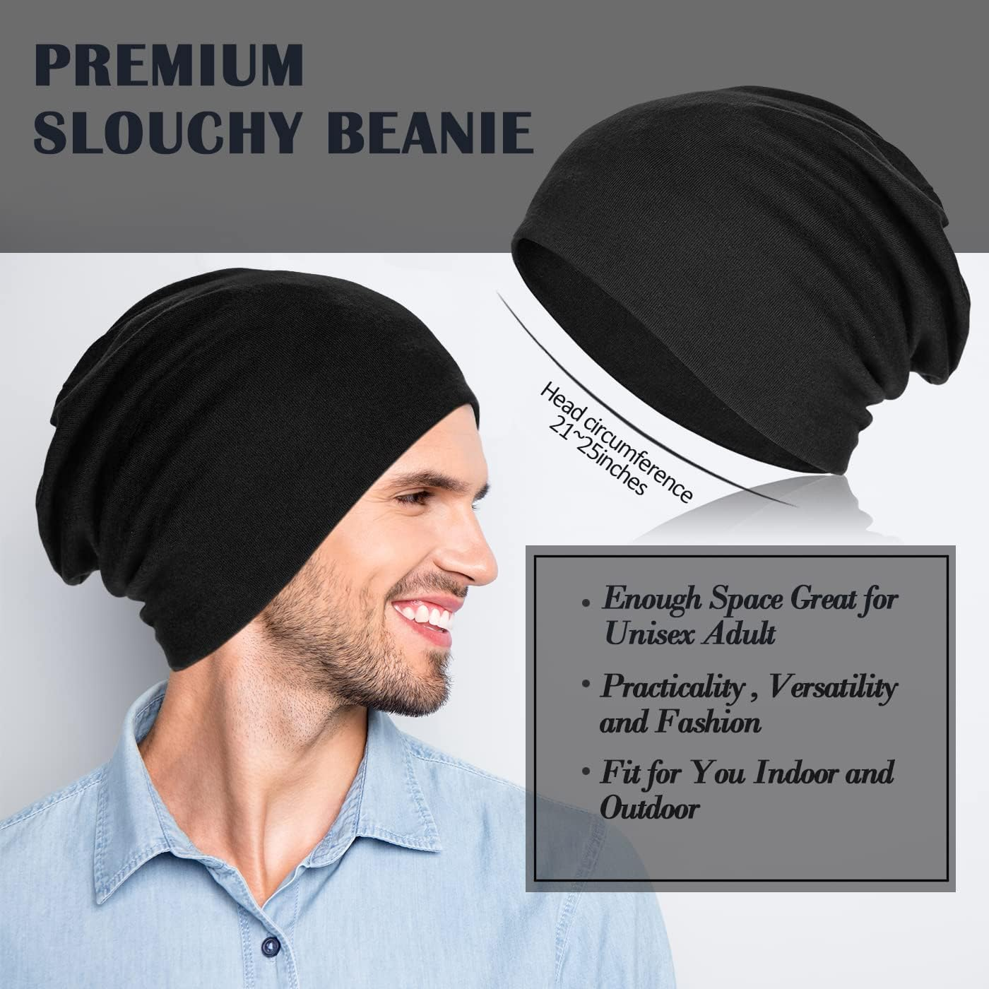 2 Pieces Soft Cotton Slouchy Beanie, Breathable Outdoor Beanie Hats Baggy Skull Cap Stretchy Chemo Hats for Men Women image number 3