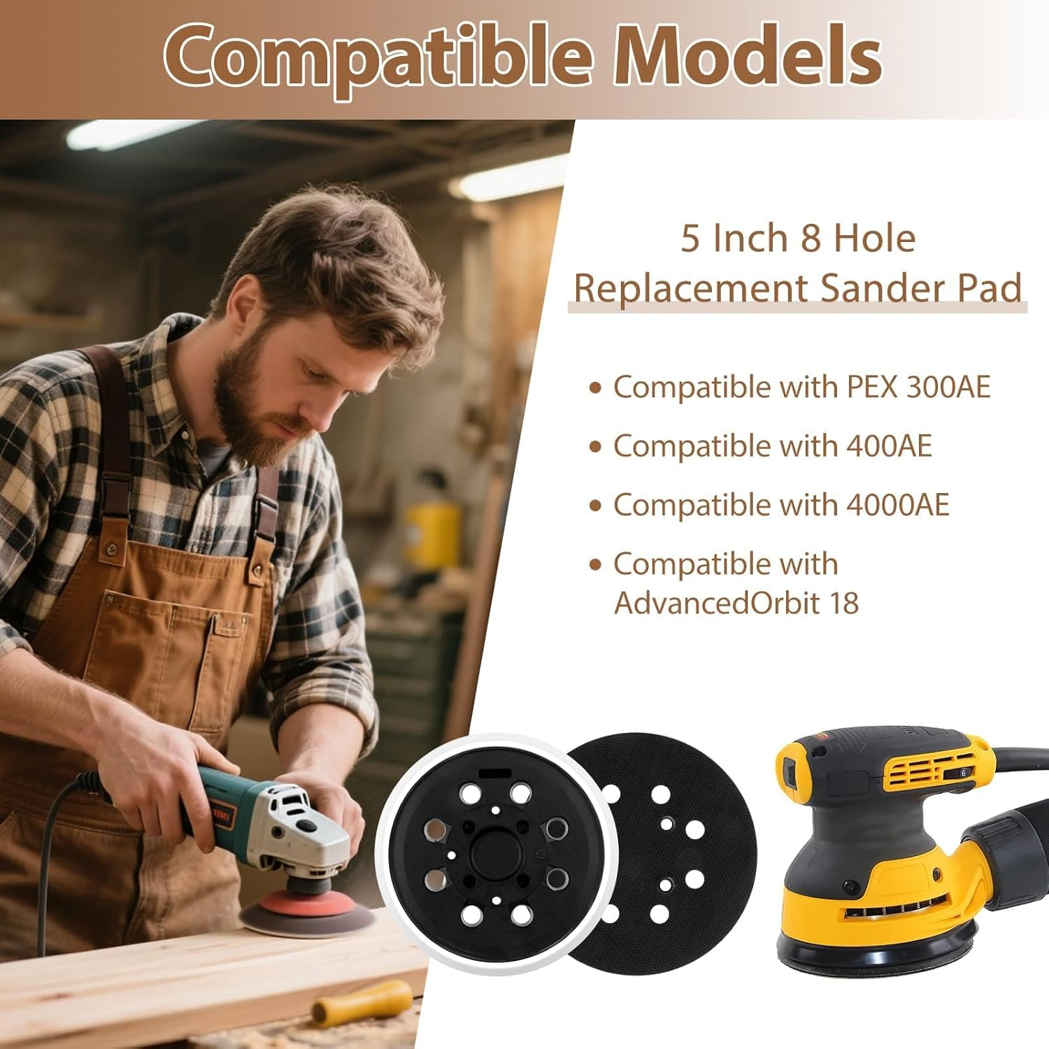 5 Inch 8 Hole Sander Backing Pad for Bosch PEX 300/400 AE 4000AE Advancedorbit 18, 125Mm Replacement Random Orbit Sanding Interface Pad, Hook and Loop Sanding Discs for Smooth Finishing image number 1