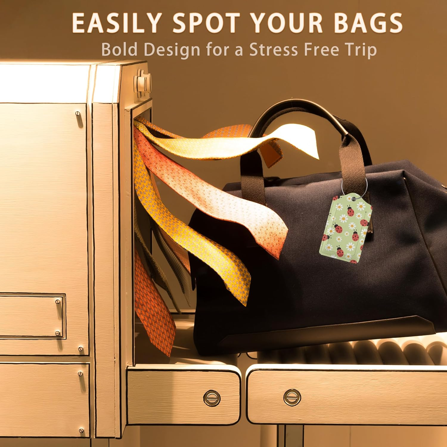 Ladybug and Strawberry Flowers Luggage Tags for Suitcase,Luggage Tag with Stainless Steel Loop Privacy Cover Id Label Travel Bag Luggage Identifiers for Women Men Travel,Set of 2 - Boho Ethnic Elephant image number 4