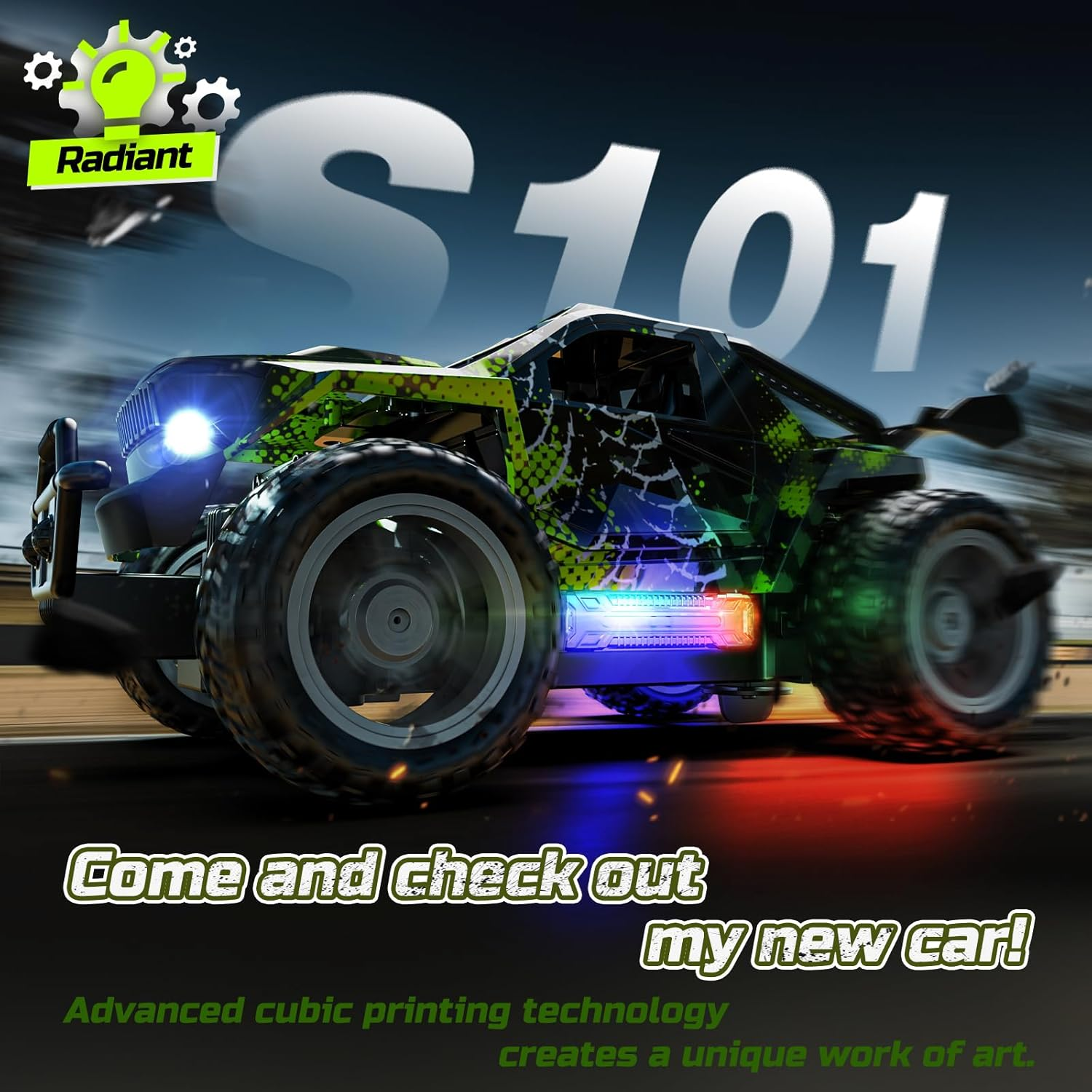 DEERC Remote Control Car with LED Colorful Lights, 1:18 RC Truck for Boys, 2.4Ghz Monster Truck Toy with 2 Batteries, All Terrain Auto Mode Off-Road Race Car, Toys Gifts for Boys Kids Girls