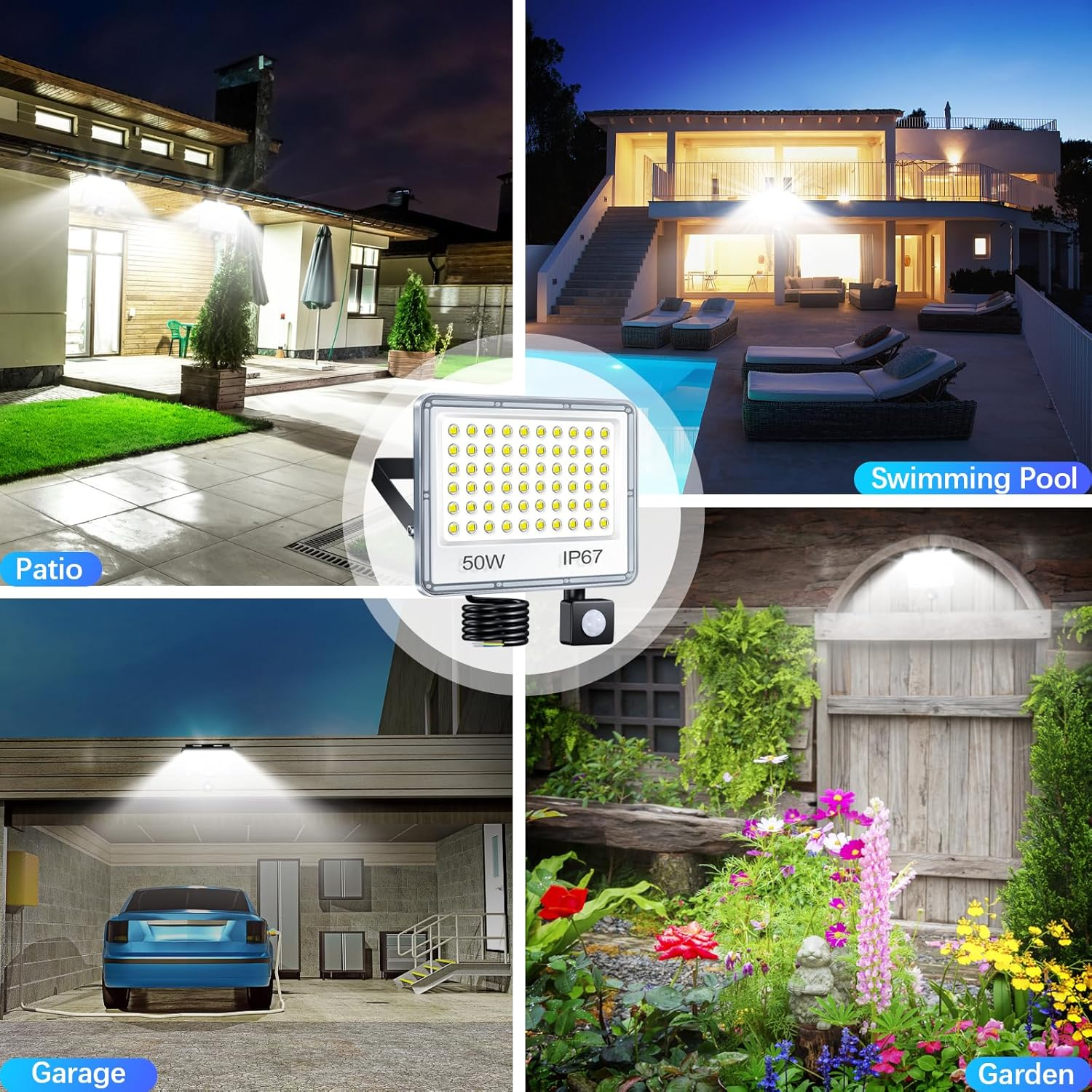 TASINUO Outdoor LED Floodlight with Detector 50 W, 5000 LM 6500 K Outdoor LED Spotlight Motion Detector, IP67 Waterproof 60 Leds with Detector for Garden, Patio, Garage image number 6