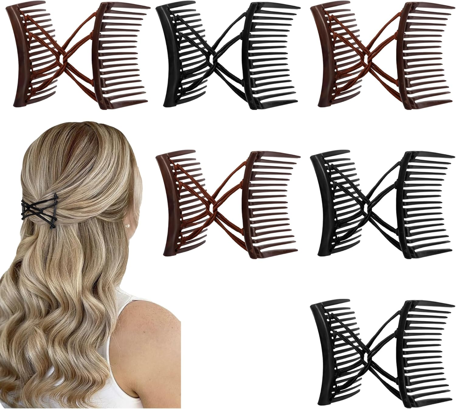 Chanaco 6Pcs Elastic Magic Hair Comb Clips for Thick, Curly, Wavy Hair - Brown, Black, Red, Purple, Blue, Rose Red - Women'S Fashion Vintage Hairstyle