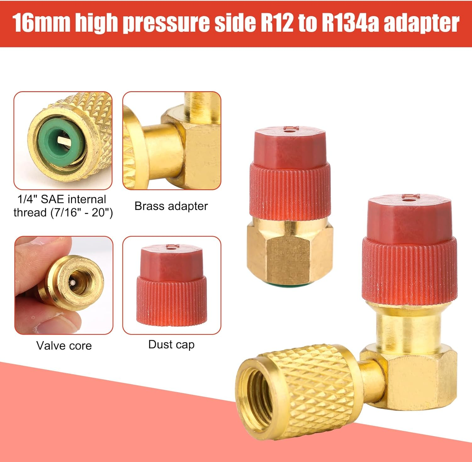 R12 to R134A AC Fitting Conversion Adapter Kit, Quick Connector Valve A/C 90&deg; Port Conversion Adapter High/Low Pressure with Valve Core Remover for AC Air Conditioner (Gold Straight Adapter) image number 5
