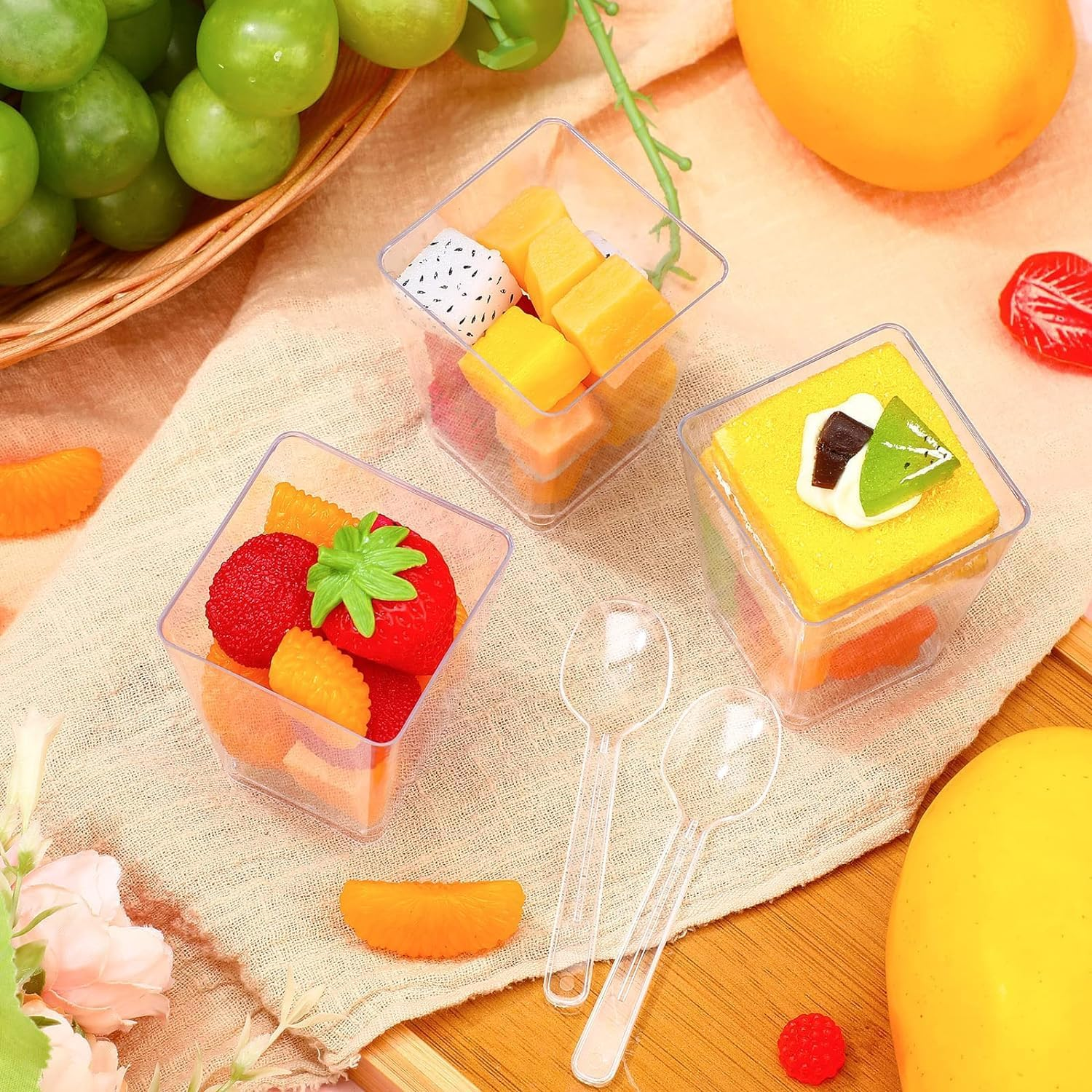 50 Pcs Dessert Cups, 150Ml/5Oz Mini Clear Plastic Cups with Lids & Spoons, Small Reusable Dessert Cups, Washable Clear Dessert Cups for Mousse, Pudding, Ice Cream, Desserts, Drinks, Etc. (Square) image number 3