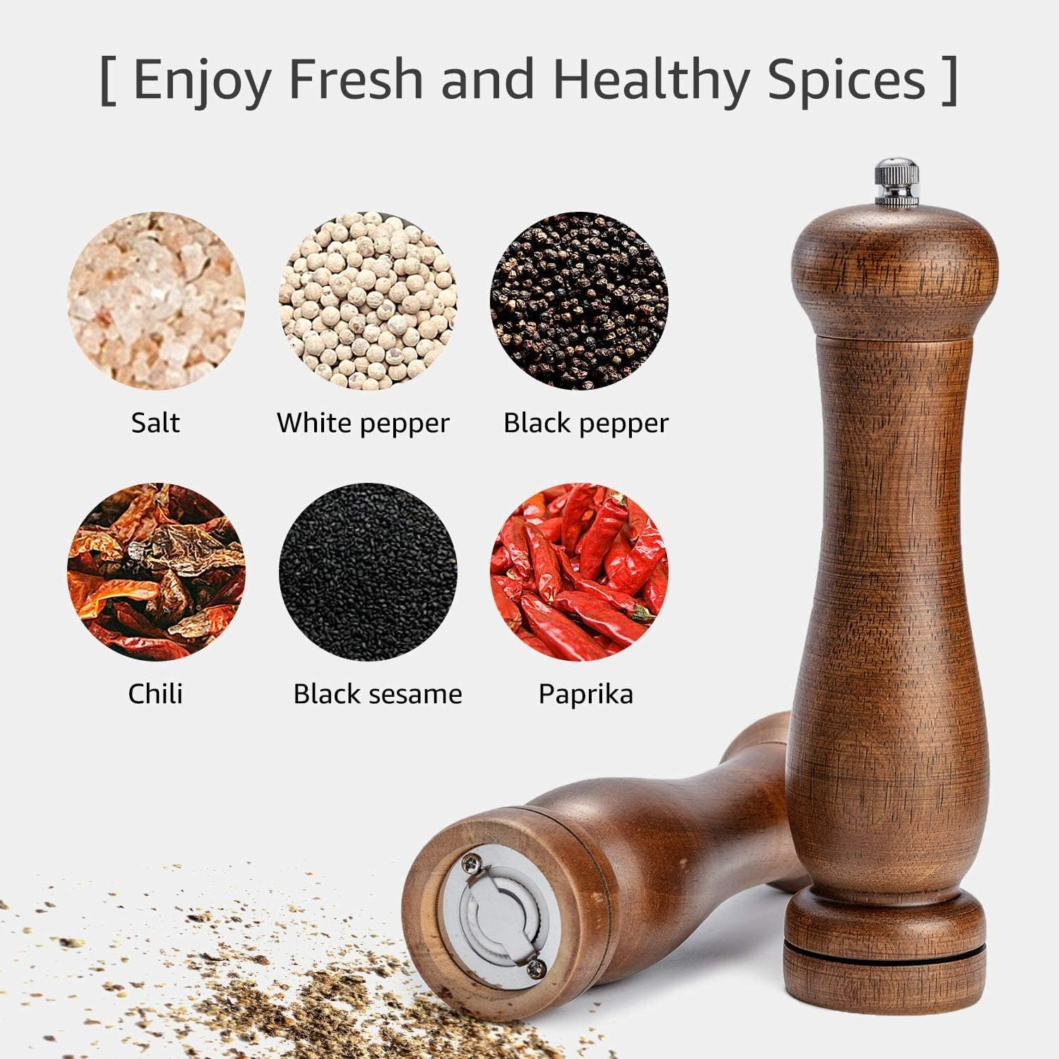 2 Pack Wooden Salt and Pepper Grinders with Cleaning Brush and Spoon, 20.3Cm/8Inch Refillable Manual Spice Grinder Mills Set, Kitchen Hand Peppercorn Shakers Mills with Adjustable Coarseness image number 3