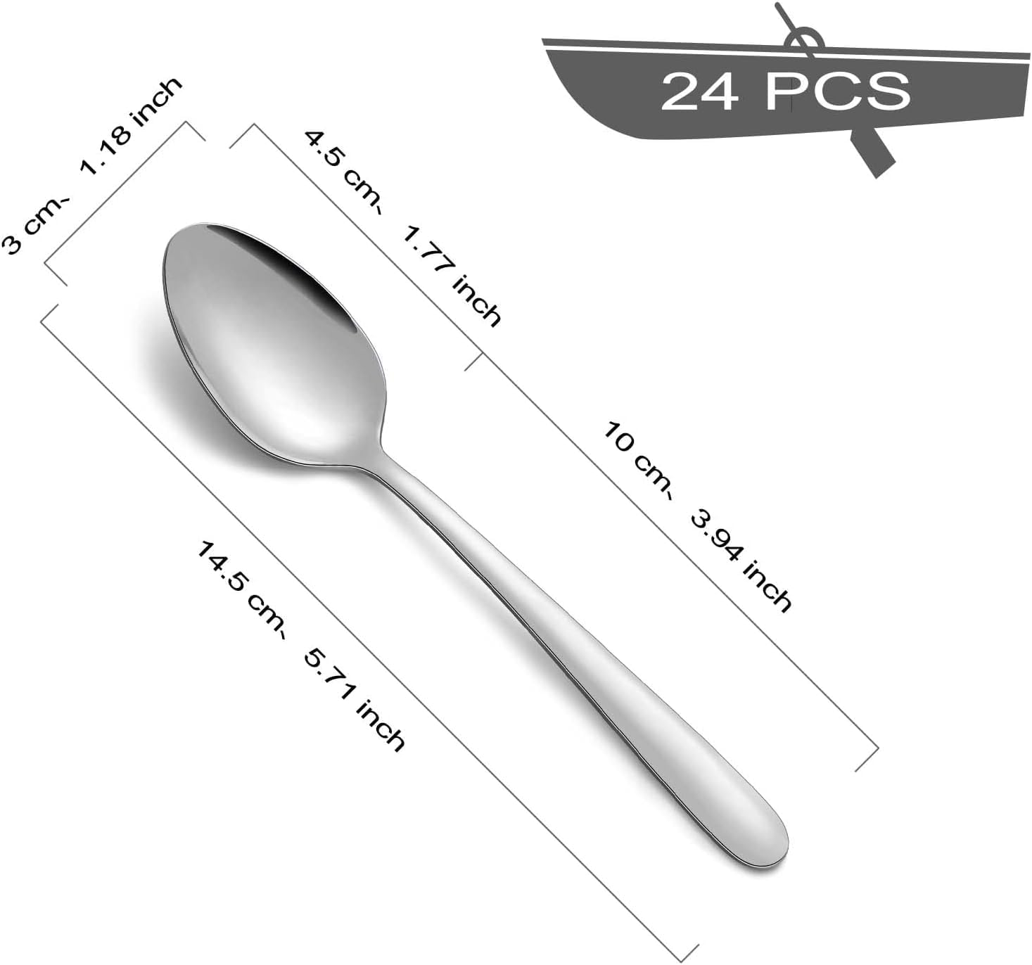 BEWOS 24-Piece Stainless Steel Spoon Set - Smooth & Tough Teaspoons (5.71" /14.5Cm) for Coffee, Espresso, Dessert, Polished & Dishwasher Safe, Ideal for Home, Restaurant, Cafeteria