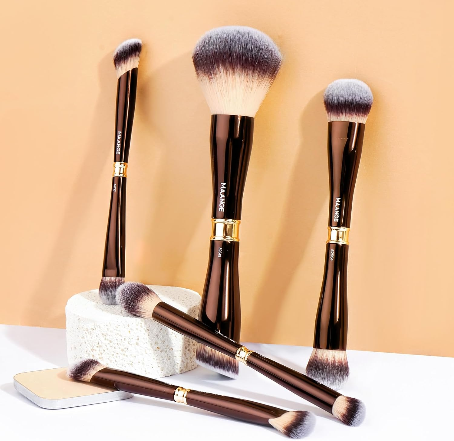 MAANGE Luxury 5 Piece Coffee Gold Makeup Brush Set - Dual Ended Professional Foundation & Eyeshadow Brush with Travel Bag | Premium Gift for Women - 8 Pcs image number 7