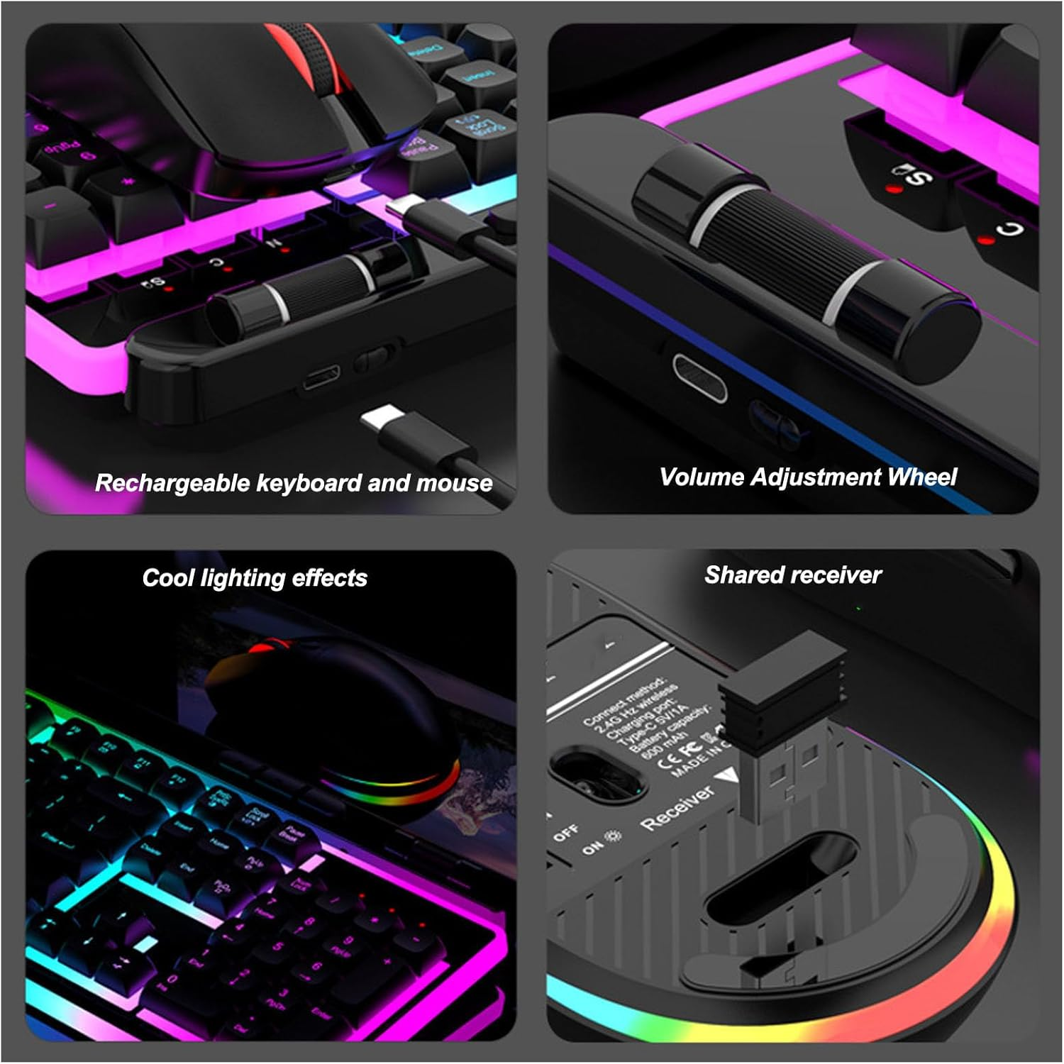 Cordless Keyboard and Mouse Combo, RGB Backlit, Full Size, 2.4Ghz Quiet Keyboard Mouse Ergonomic Keyboard Mouse, 3 Level Adjustable DPI for PC, Laptop image number 4