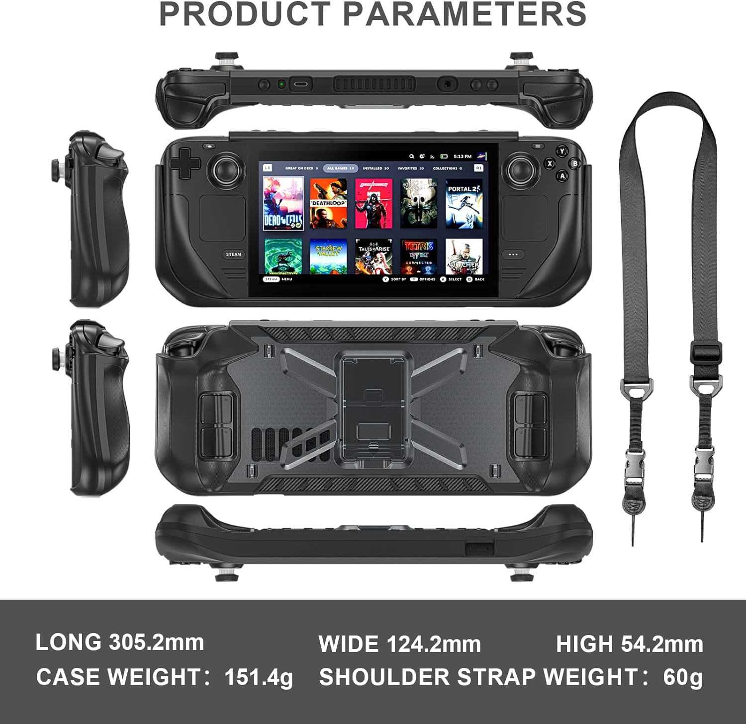Dmaos Protective Steam Deck Case with Kickstand, TPU & PC Cover, Shock-Absorption for Steam Deck Accessories with Shoulder Strap - Black image number 4