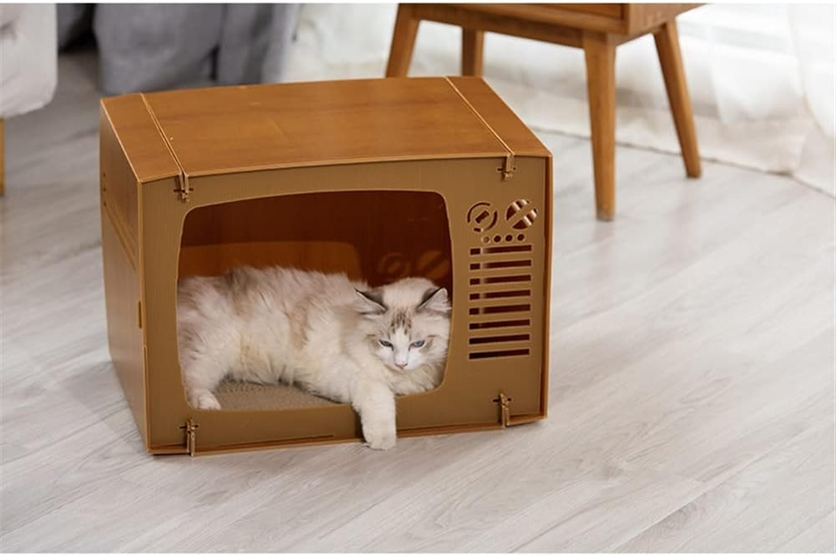 Imitation Wood Cat House with Scratching Board Removable Kitten Cube Apartment Imitation Wood Cat Furniture Bed image number 2