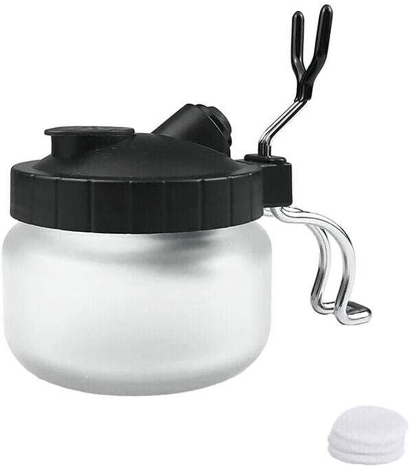 Airbrush Cleaner Air Brush Cleaning Pot Stand Glass Bottle Holder Jar 304Ml, Integrated Holder, Metal Handle, Filter Cap, 10X10X10Cm Size