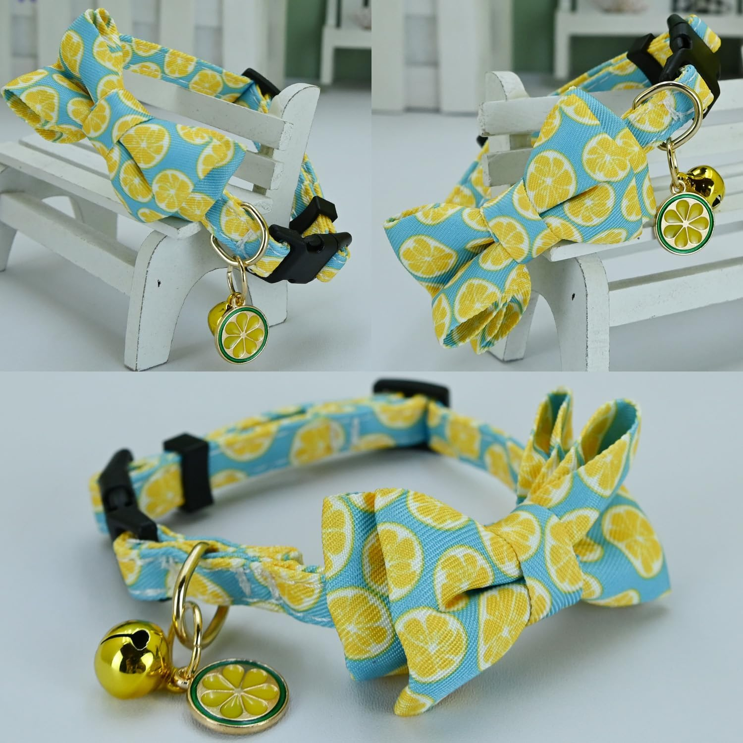 Newtensina Fashion 2 Pieces Cute Fruits Pattern Cat Collar with Lemon Watermelon Pineapple Pendant for Cats - Bluewhite image number 6