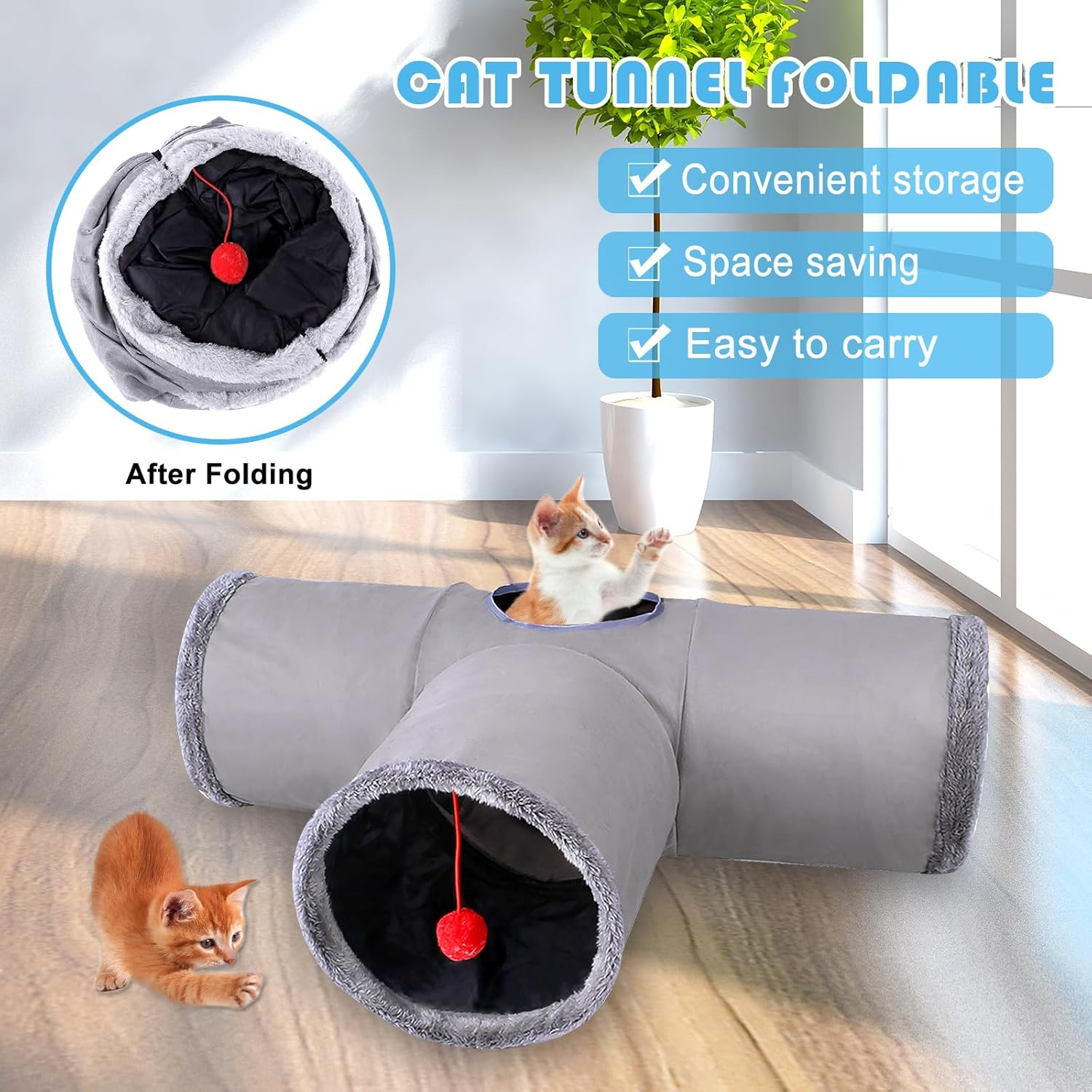 Cat Tunnel, 2 Pieces Cat Toy Tunnel, 3-Way, S-Shape, Cat Tunnel Labyrinth, Cat Play Tunnel Toys for Cats, Rabbits and Small Animals (Blue, Grey)