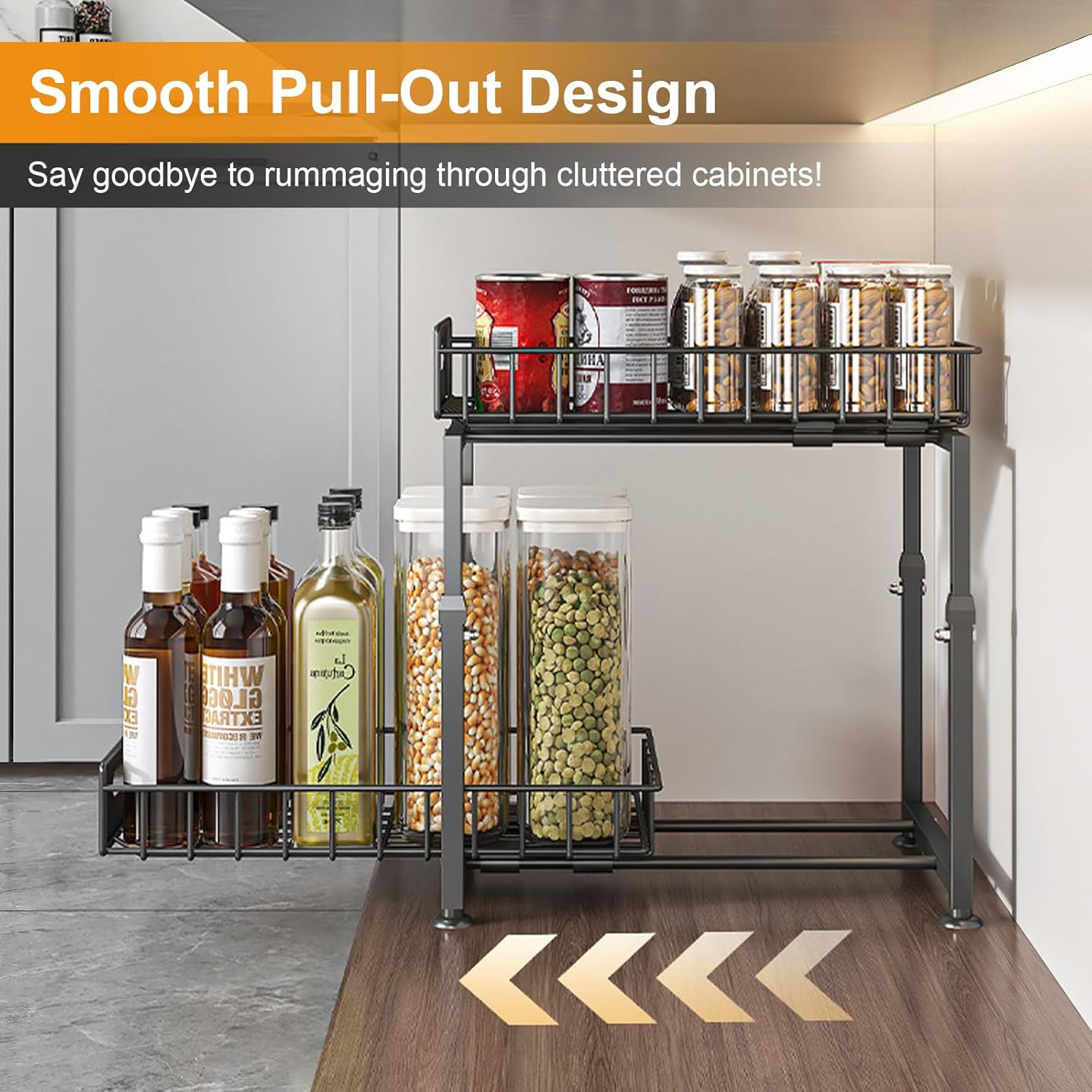 2-Tier under Sink Organizer and Storage, Pull Out Cabinet Organizer, Multi-Purpose under Sink Storage Rack, Height Adjustable Metal Sliding Shelf for Kitchen, Bathroom, Pantry (Black) image number 5