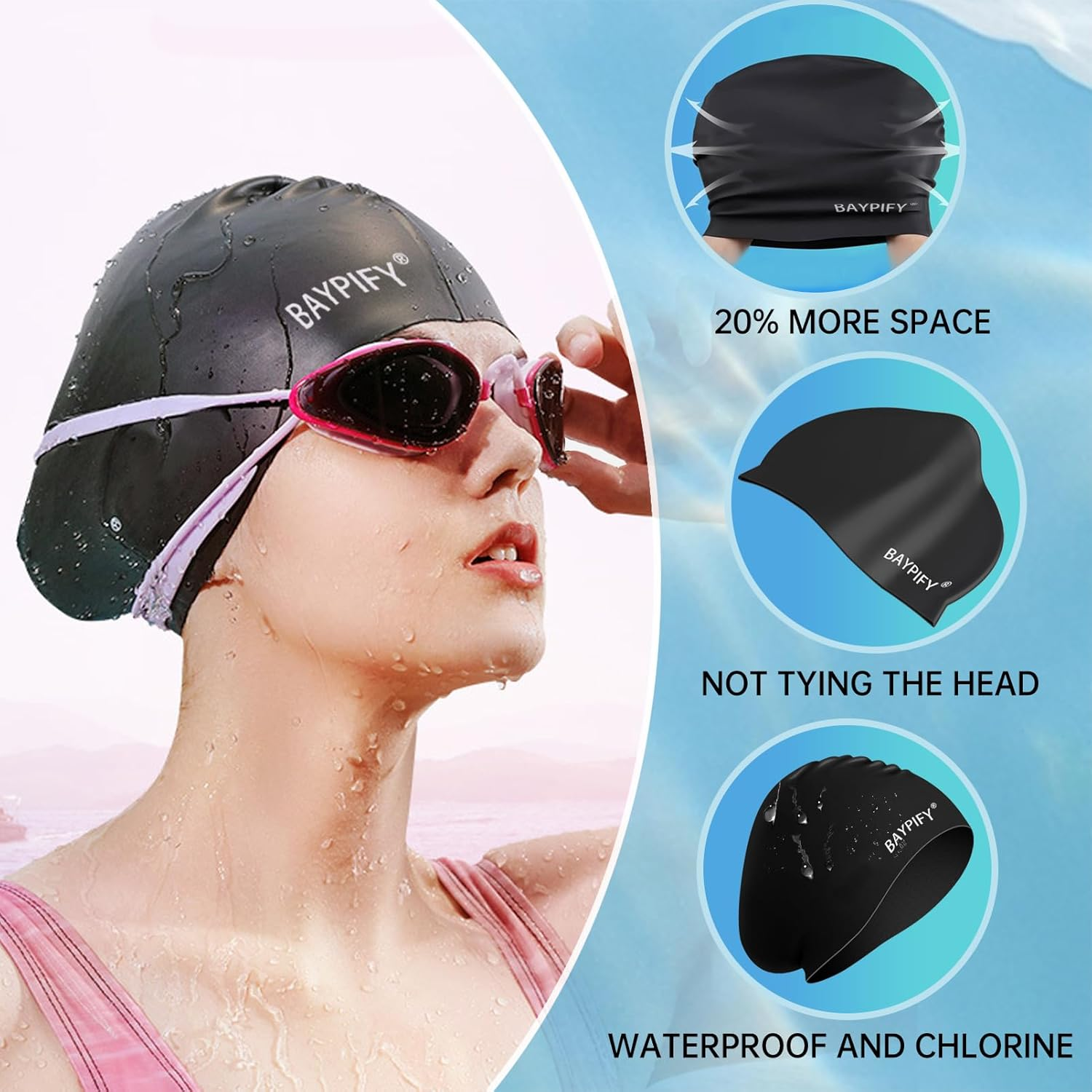 Baypify 2Pack Swim Cap for Long Hair, Silicone Swim Cap for Braids and Dreadlocks Women, Swimming Cap Cover Ears to Keep Your Hair Dry, Stretchable Durable and Anti-Slip image number 1