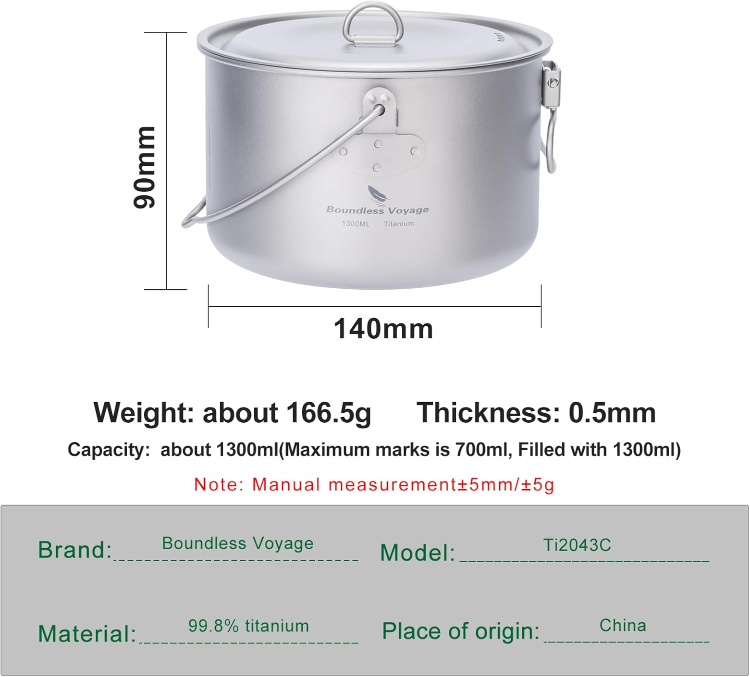 Boundless Voyage Camping Titanium Hanging Pot with Folding Handle Picnic Hiking Big Capacity Kettle Cookware 1.3L 1.95L 2.9L (Yti2043C-1300Ml)