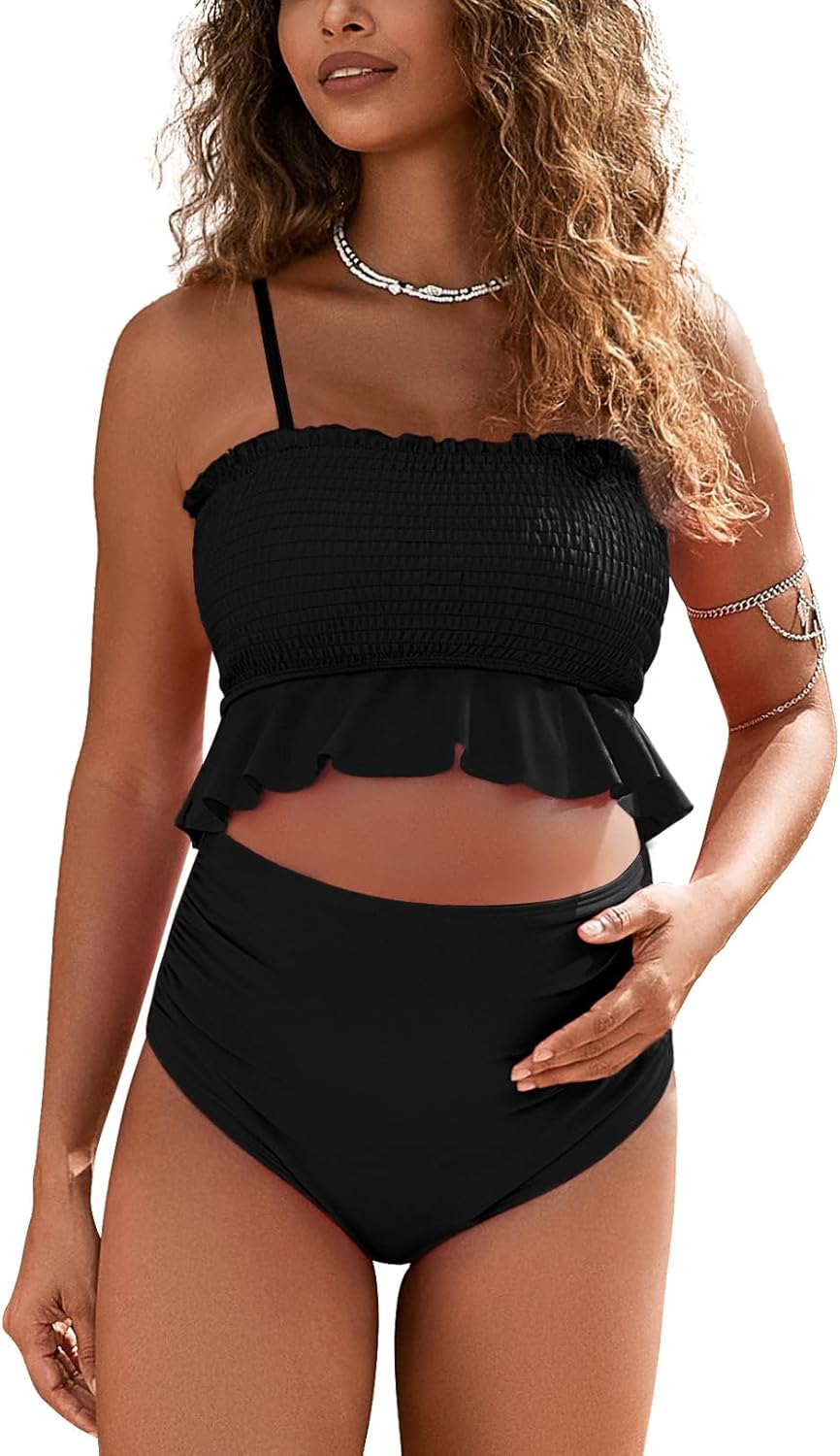 Maternity Swimsuit Two Piece Bikini Bandeau Top Hipster Bottom High Waisted