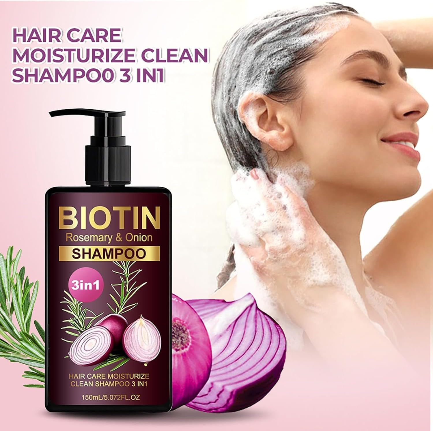 Onion & Rosemary Shampoo for Hair Growth, 3-In-1 Biotin Rosemary and Onion Shampoo for Hair Loss and Thinning Hair, Hair Care Moisturize Clean for All Hair Type (150Ml)